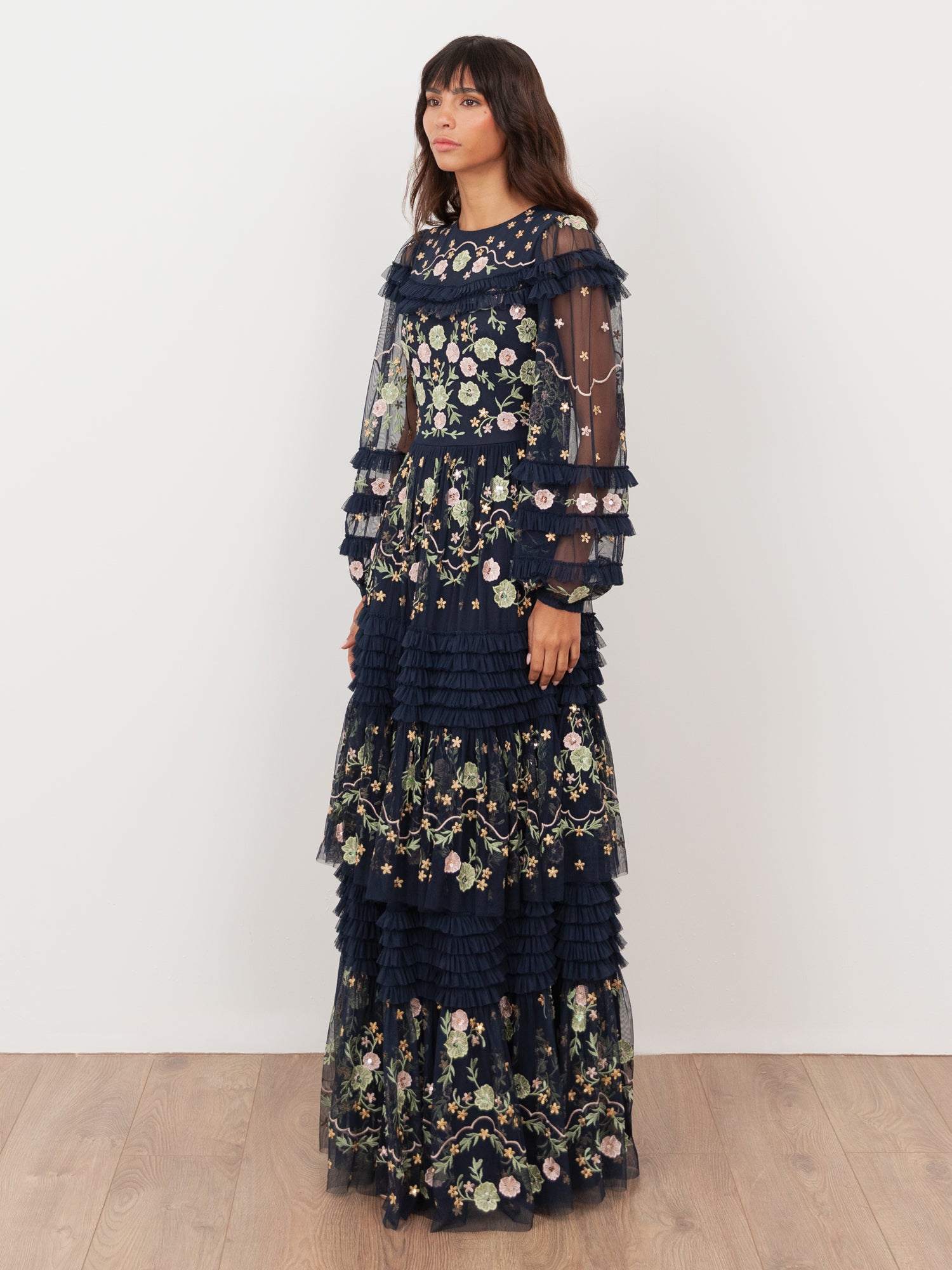 Maya Navy Floral Embroidered Maxi Sleeve Maxi Dress with Frill & Sequin Detail