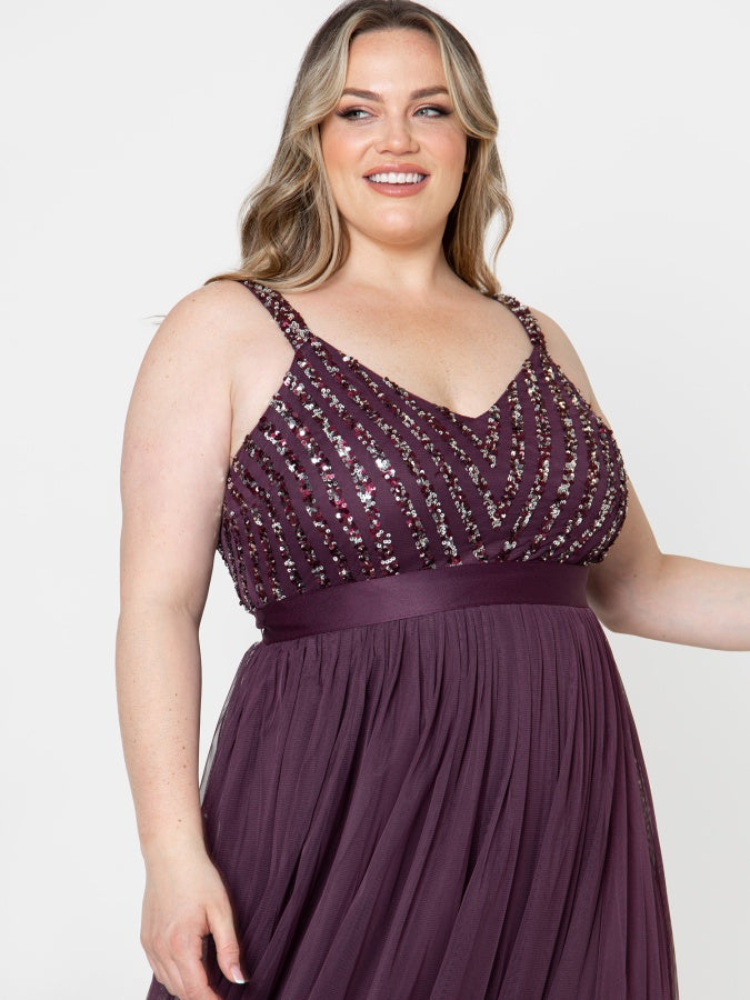 Maya Berry Sleeveless Stripe Embellished Maxi Dress