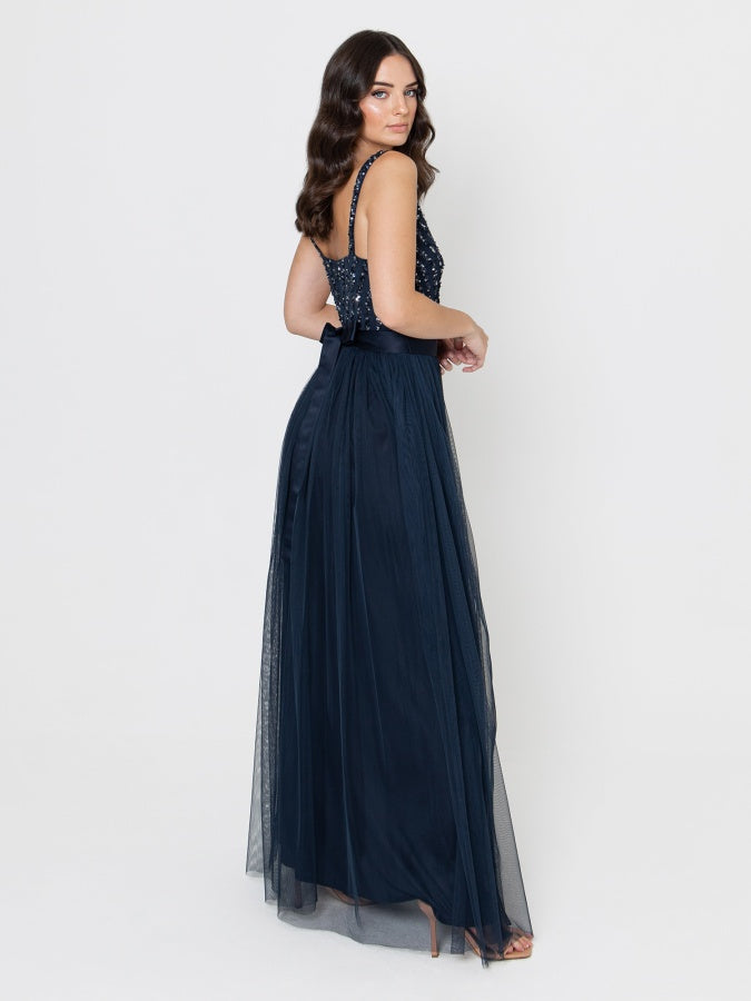Maya Navy Sleeveless Stripe Embellished Maxi Dress