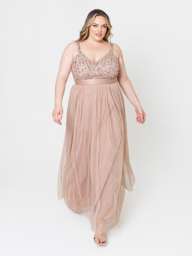 Maya Taupe Blush Sleeveless Stripe Embellished Maxi Dress