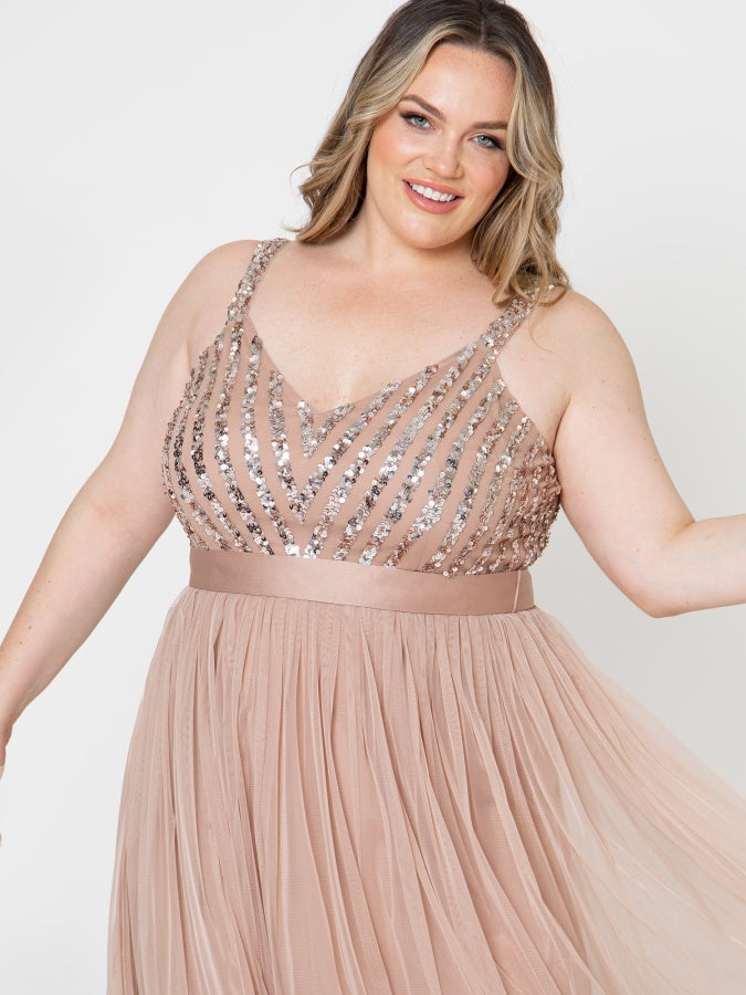 Maya Taupe Blush Sleeveless Stripe Embellished Maxi Dress