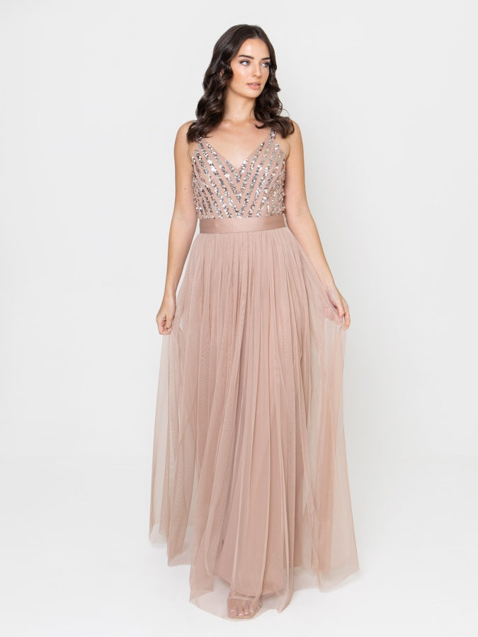 Maya Taupe Blush Sleeveless Stripe Embellished Maxi Dress