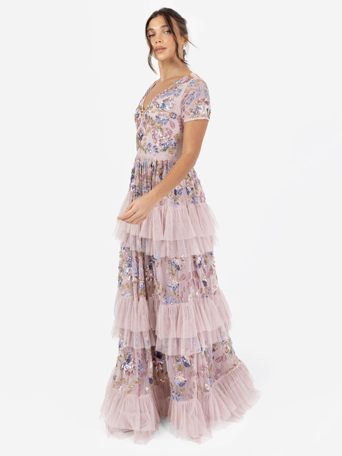 Maya Pink Embellished V Neck Tiered Maxi Dress
