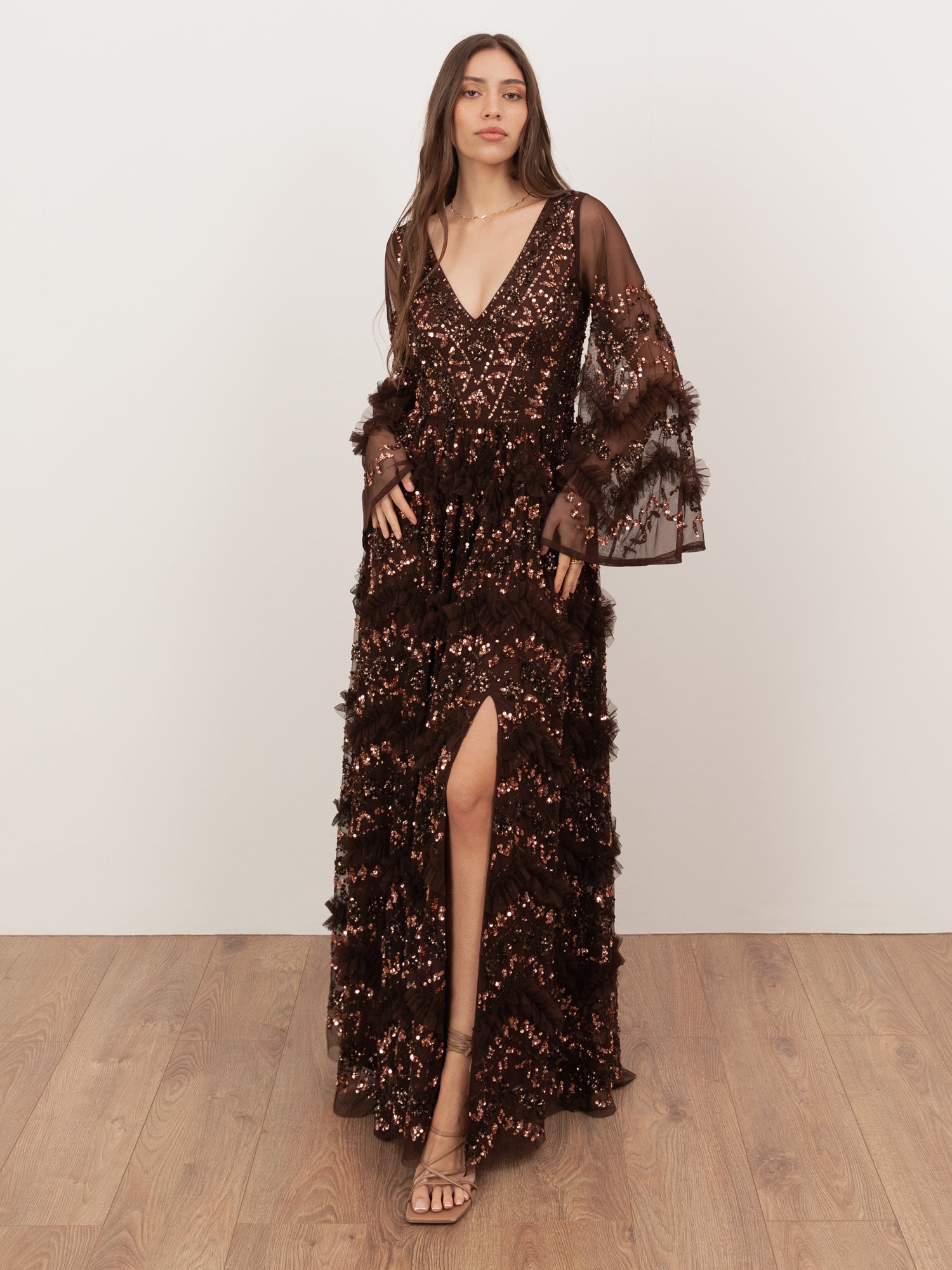 Maya Chocolate Fully Embellished Maxi Dress with Frill Detail