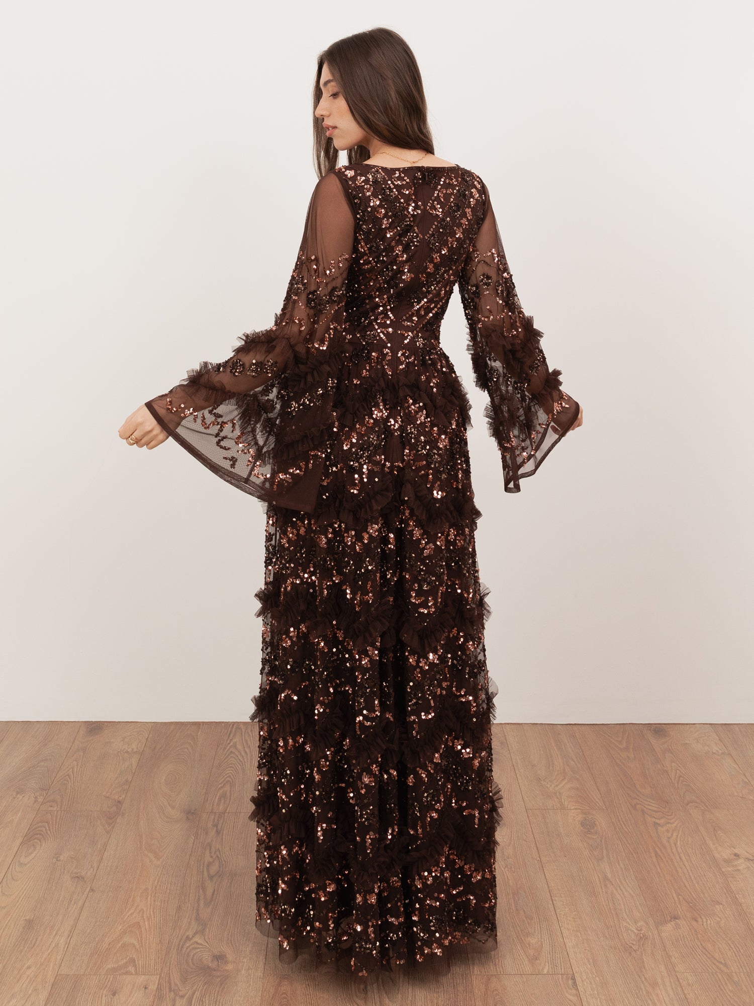 Maya Chocolate Fully Embellished Maxi Dress with Frill Detail