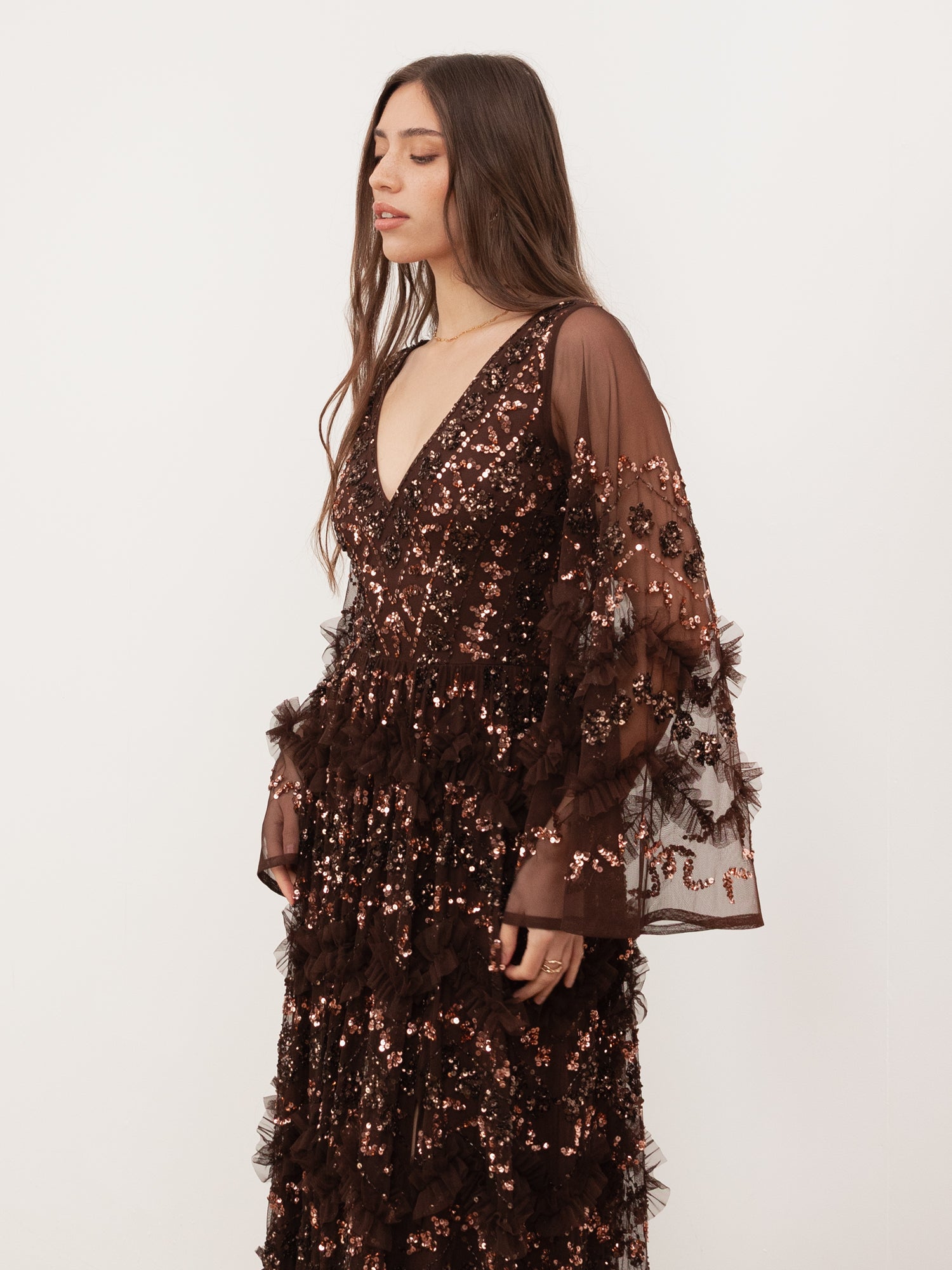 Maya Chocolate Fully Embellished Maxi Dress with Frill Detail