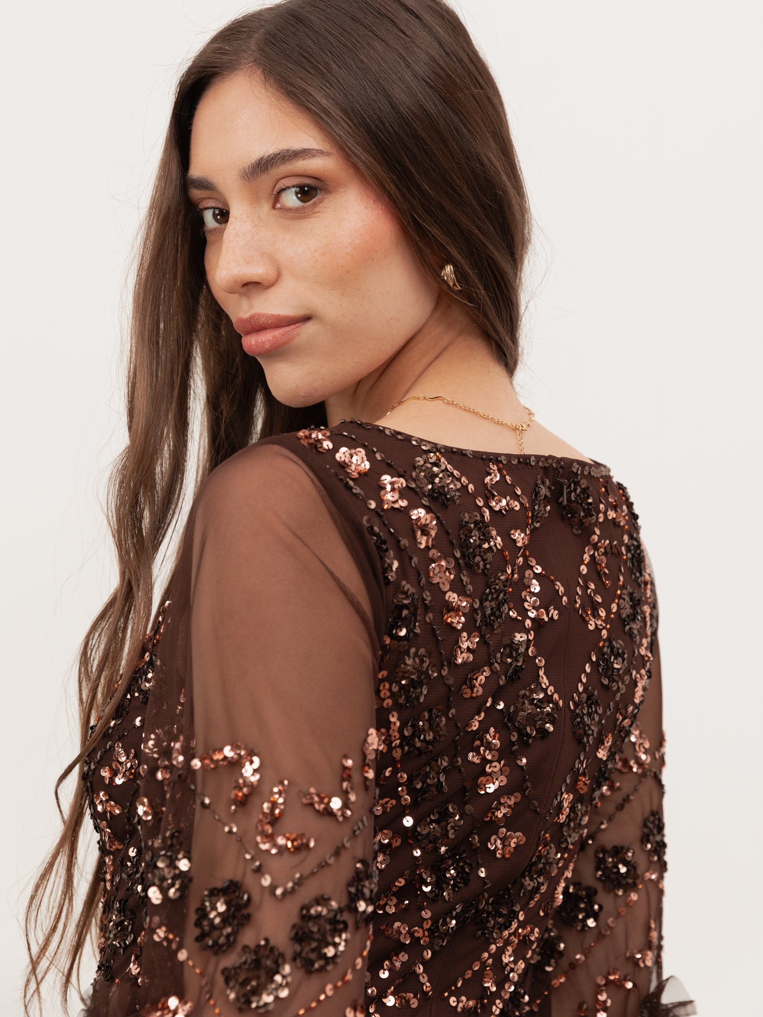 Maya Chocolate Fully Embellished Maxi Dress with Frill Detail