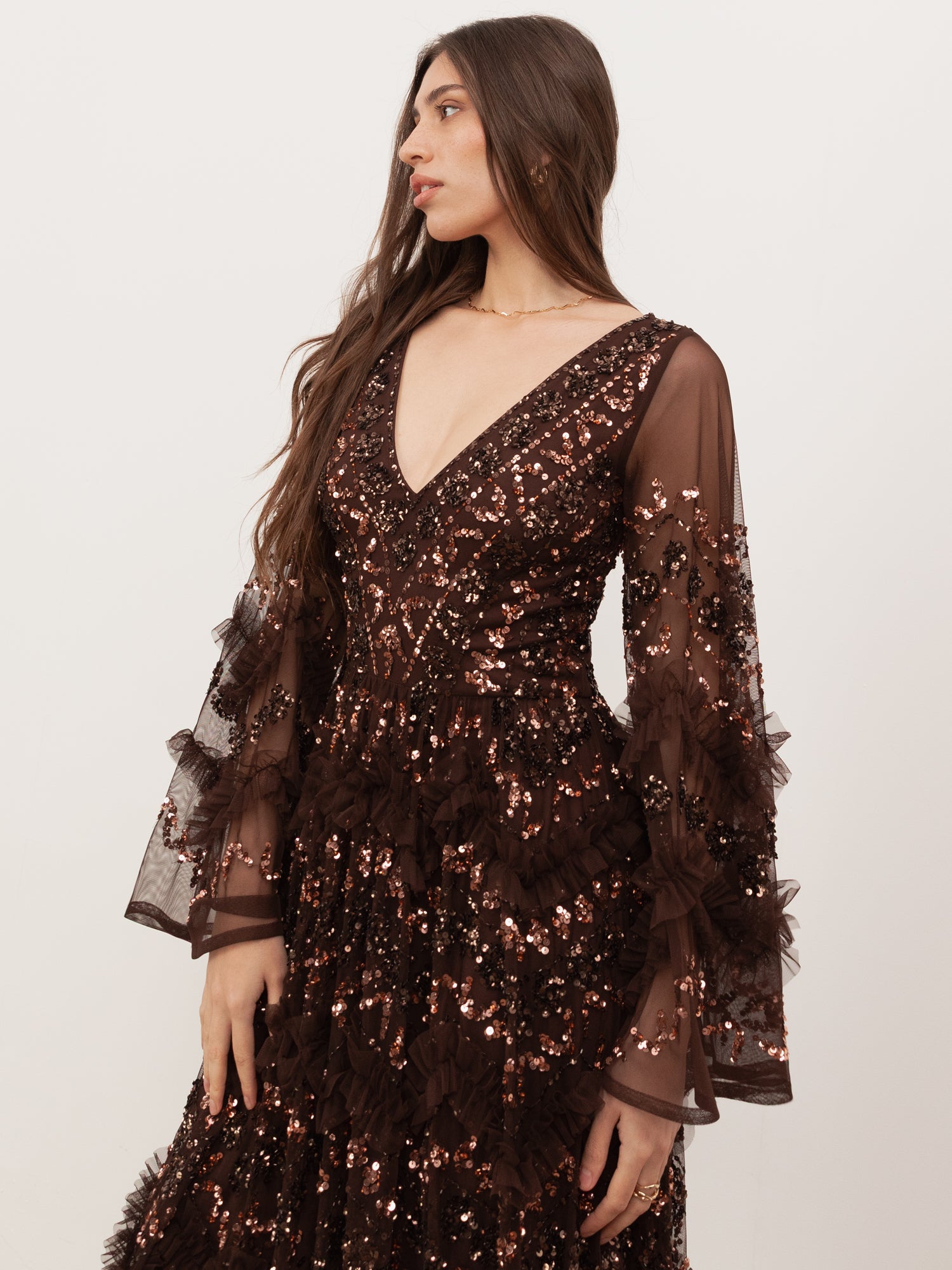 Maya Chocolate Fully Embellished Maxi Dress with Frill Detail
