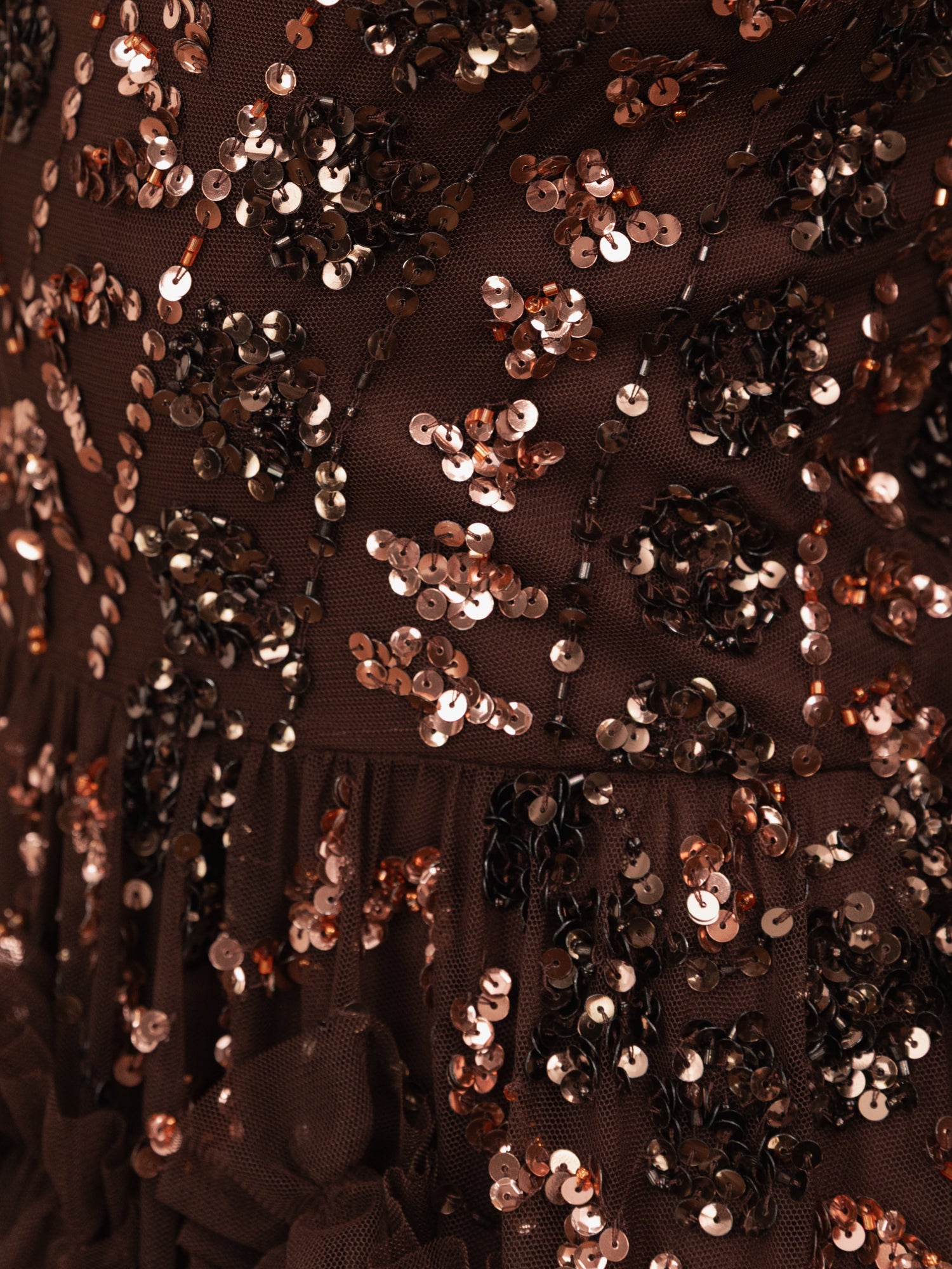 Maya Chocolate Fully Embellished Maxi Dress with Frill Detail