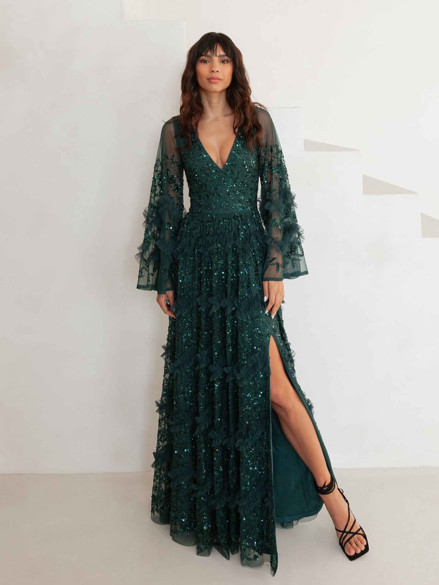 Maya Emerald Fully Embellished Maxi Dress with Frill Detail