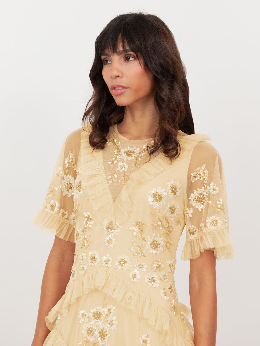 Maya Buttercream Embellished Angel Sleeve Ruffled Maxi Dress