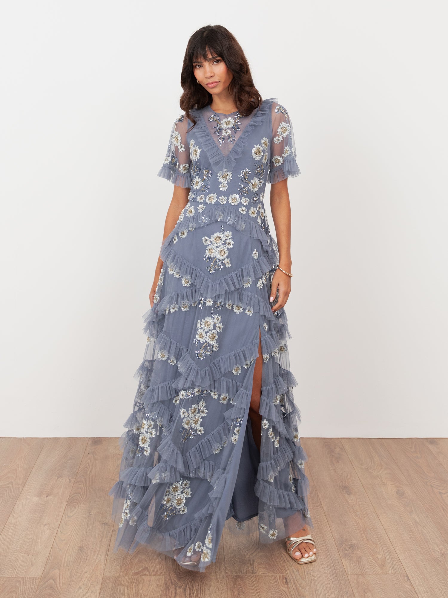 Maya Infinity Blue Embellished Angel Sleeve Ruffled Maxi Dress