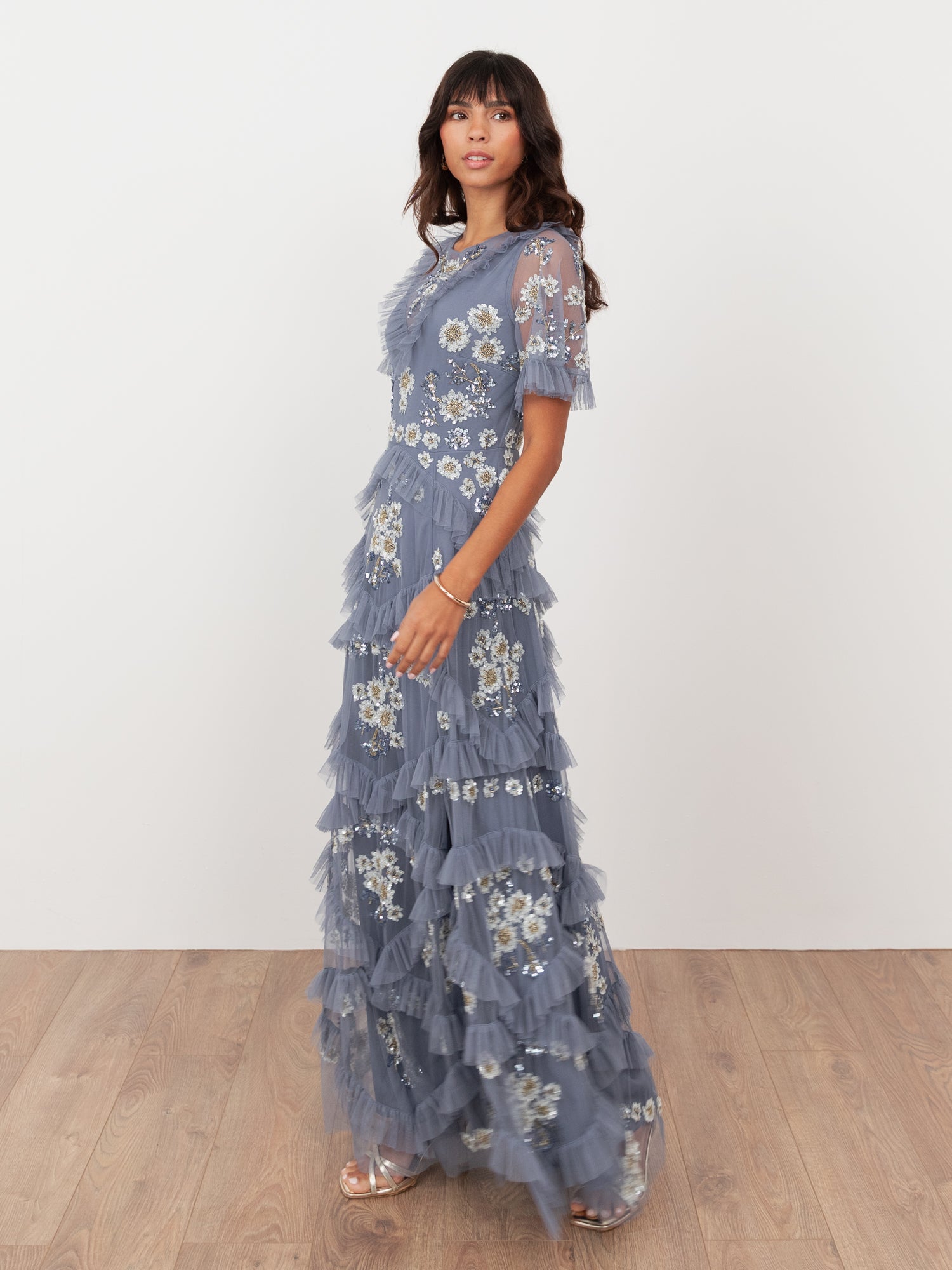 Maya Infinity Blue Embellished Angel Sleeve Ruffled Maxi Dress