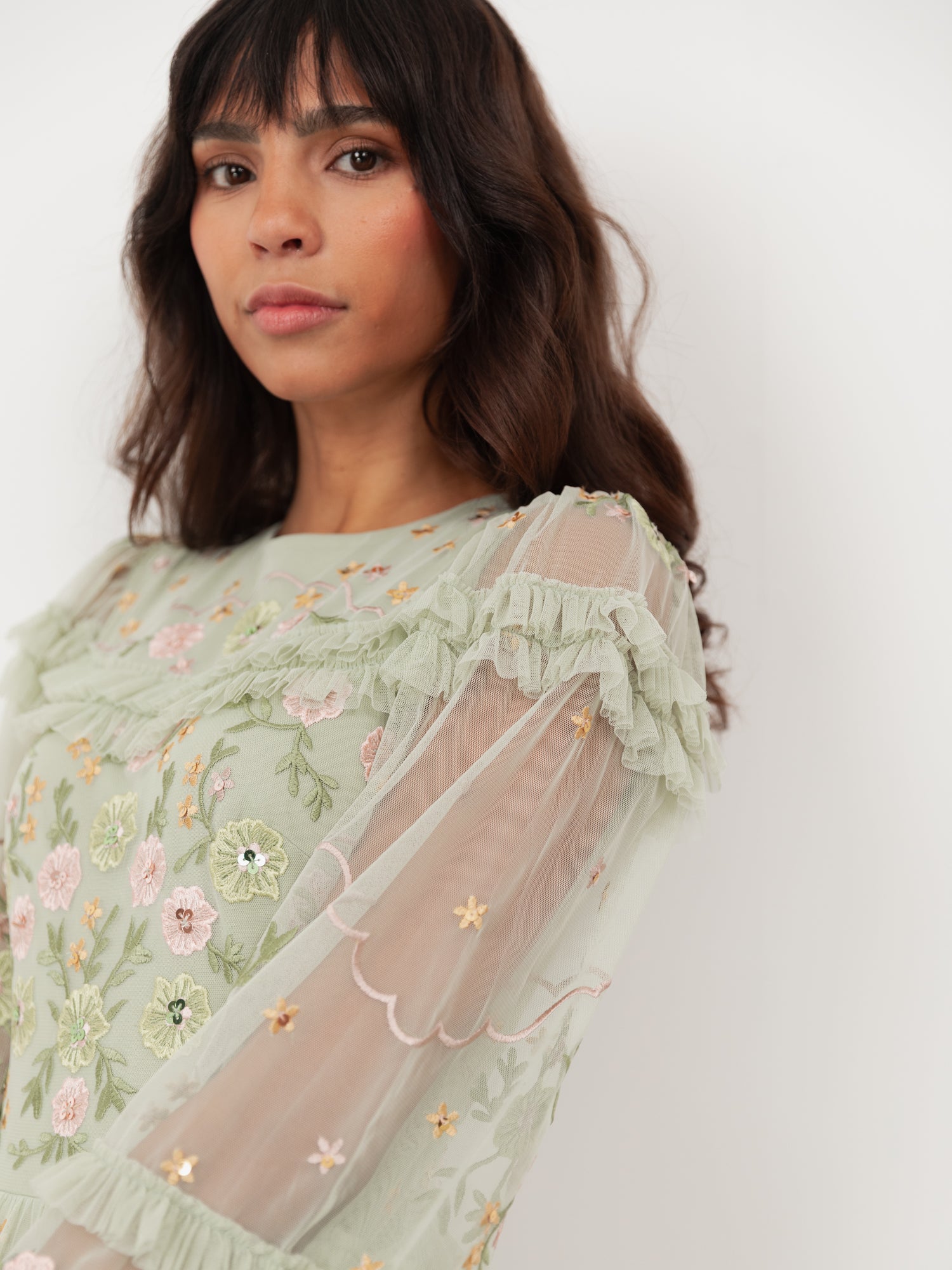 Maya Meadow Green Floral Embroidered Maxi Sleeve Maxi Dress with Frill & Sequin Detail