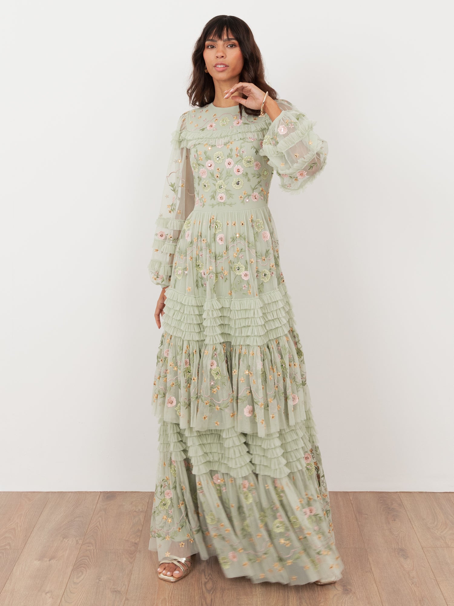 Maya Meadow Green Floral Embroidered Maxi Sleeve Maxi Dress with Frill & Sequin Detail