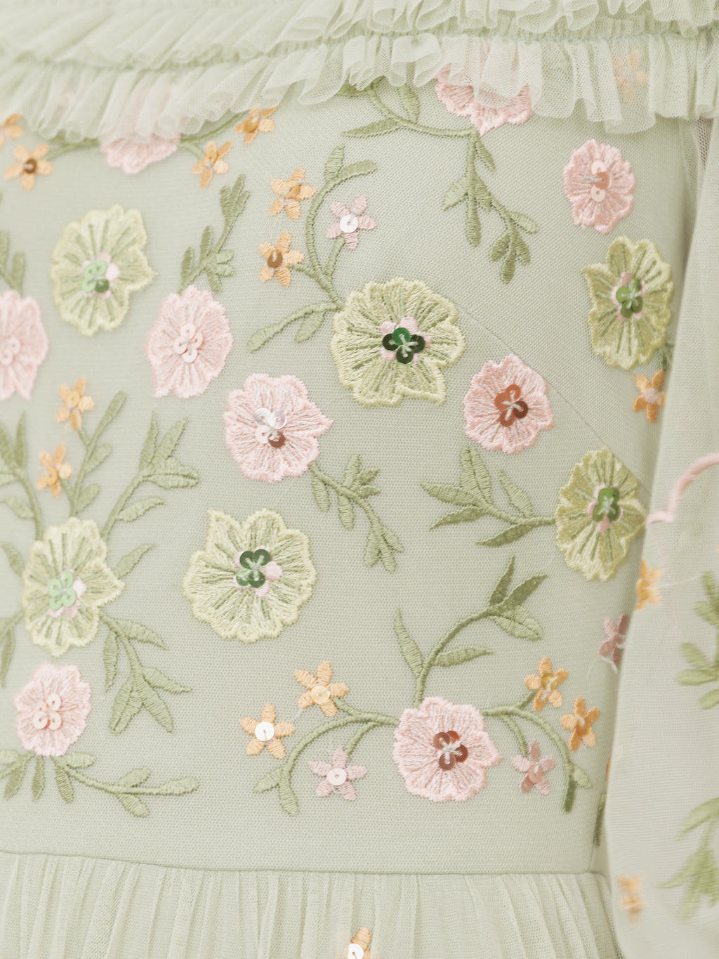 Maya Meadow Green Floral Embroidered Maxi Sleeve Maxi Dress with Frill & Sequin Detail