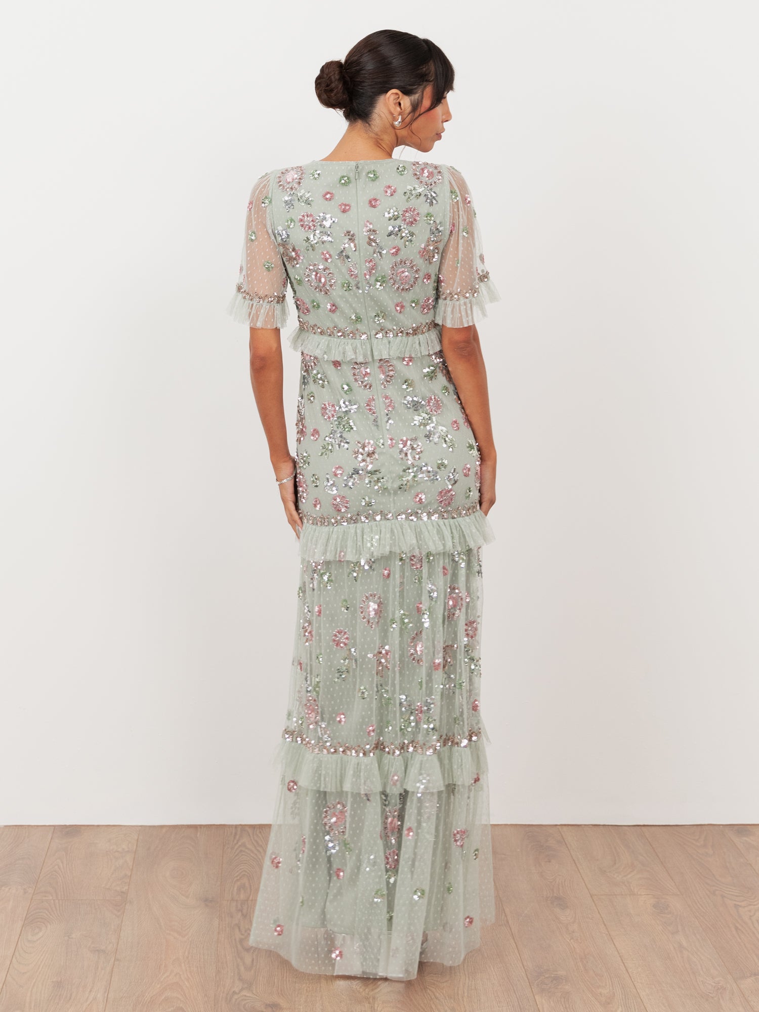 Maya Sage Green Embellished Short Sleeve Spot Mesh Maxi Dress