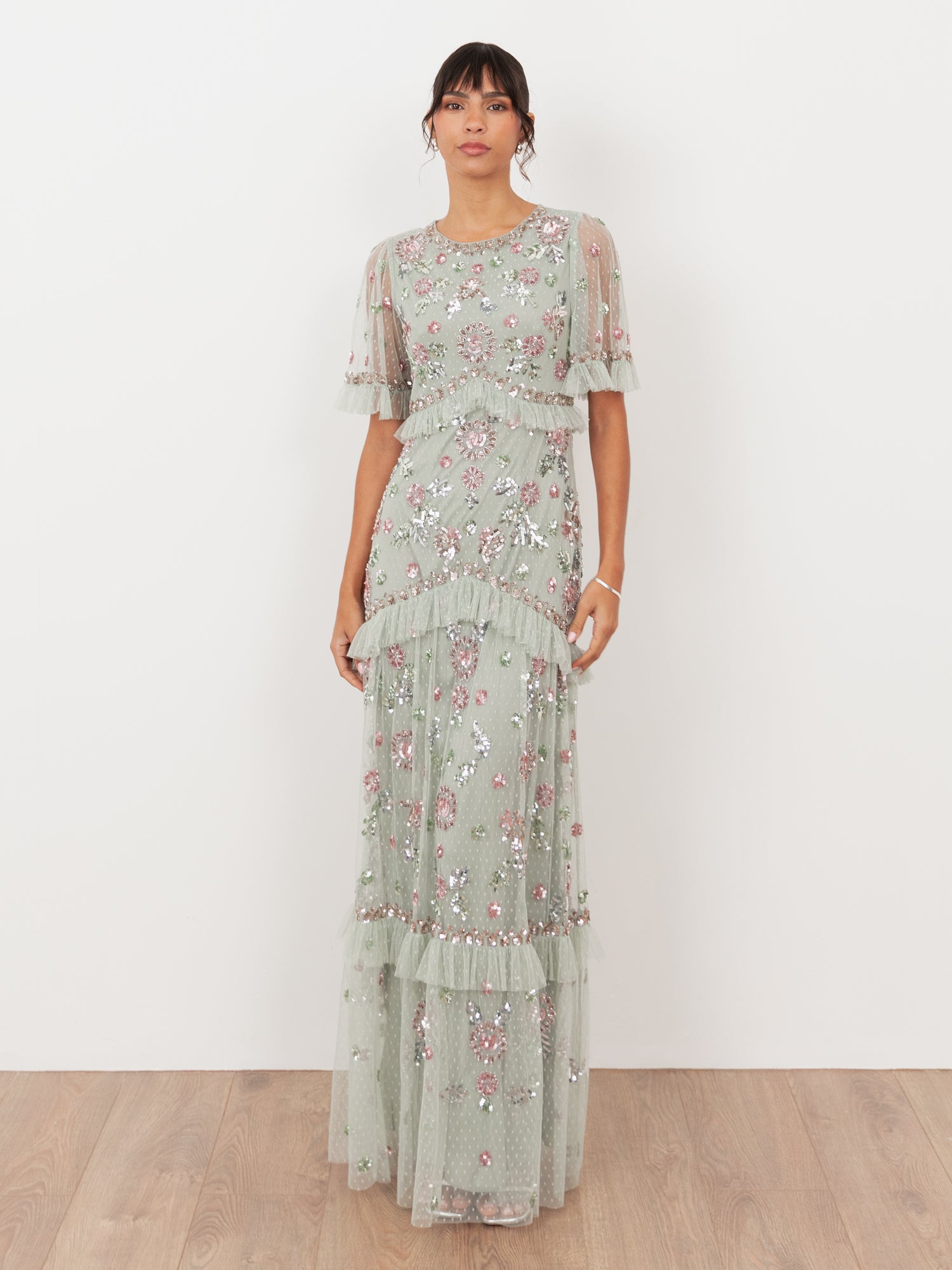 Maya Sage Green Embellished Short Sleeve Spot Mesh Maxi Dress