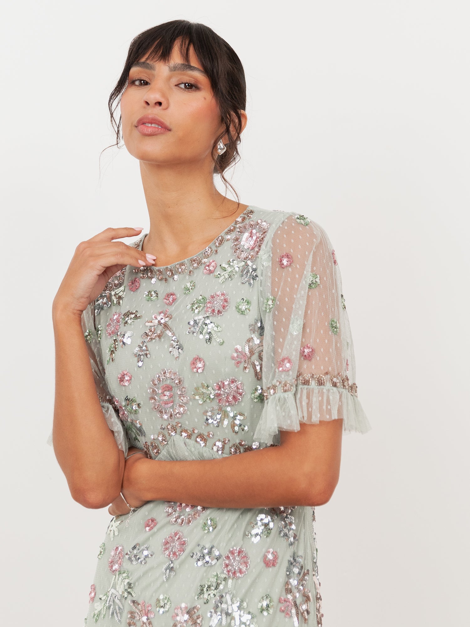 Maya Sage Green Embellished Short Sleeve Spot Mesh Maxi Dress