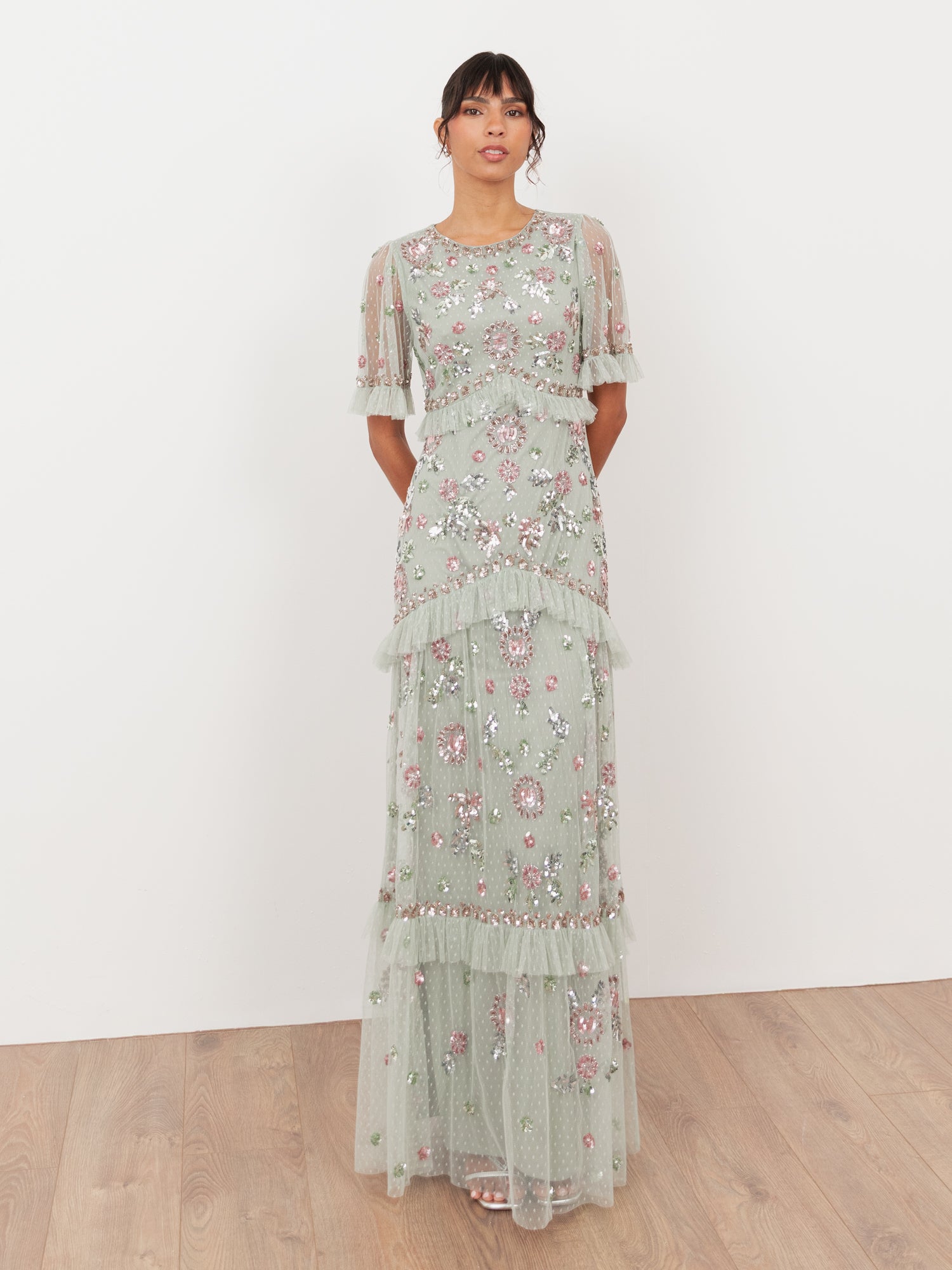 Maya Sage Green Embellished Short Sleeve Spot Mesh Maxi Dress