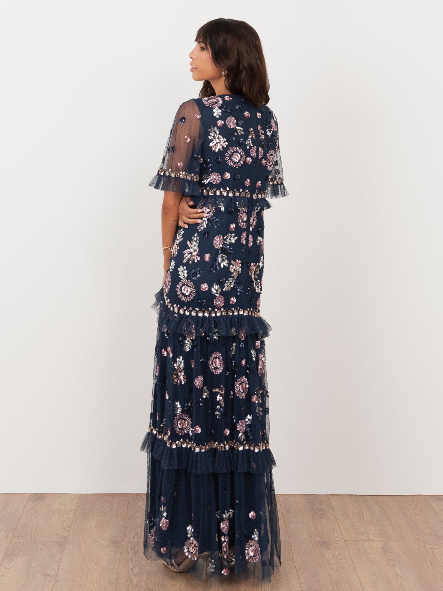 Maya Navy Embellished Short Sleeve Spot Mesh Maxi Dress