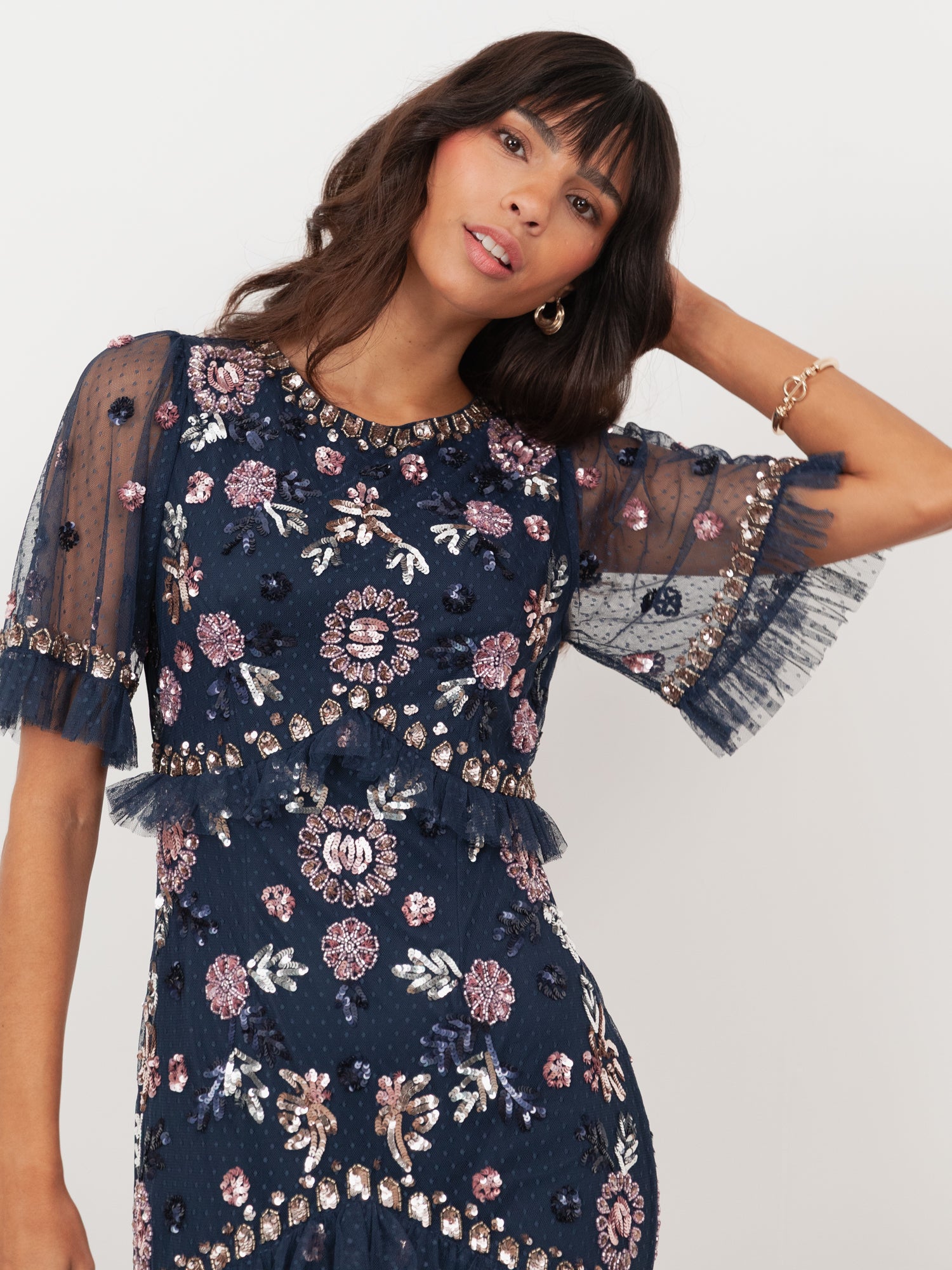 Maya Navy Embellished Short Sleeve Spot Mesh Maxi Dress