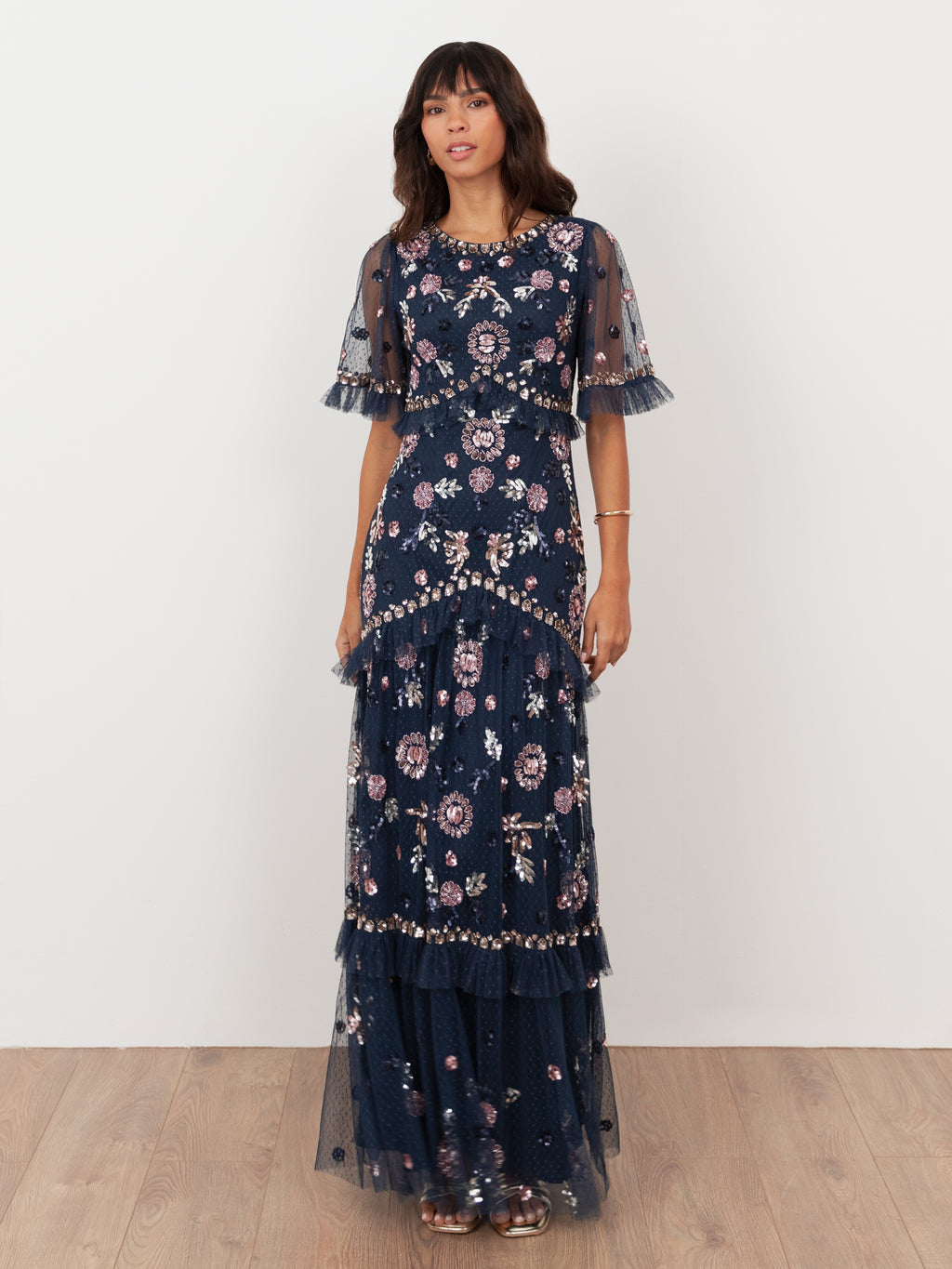Maya Navy Embellished Short Sleeve Spot Mesh Maxi Dress