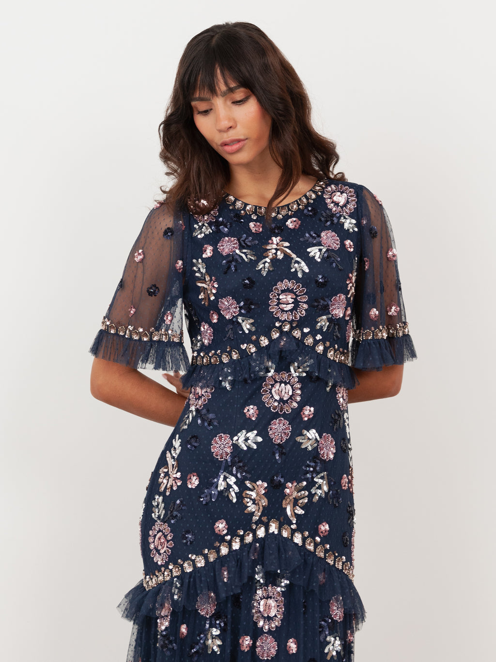 Maya Navy Embellished Short Sleeve Spot Mesh Maxi Dress
