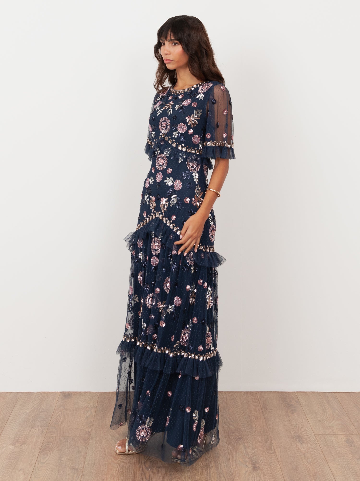 Maya Navy Embellished Short Sleeve Spot Mesh Maxi Dress
