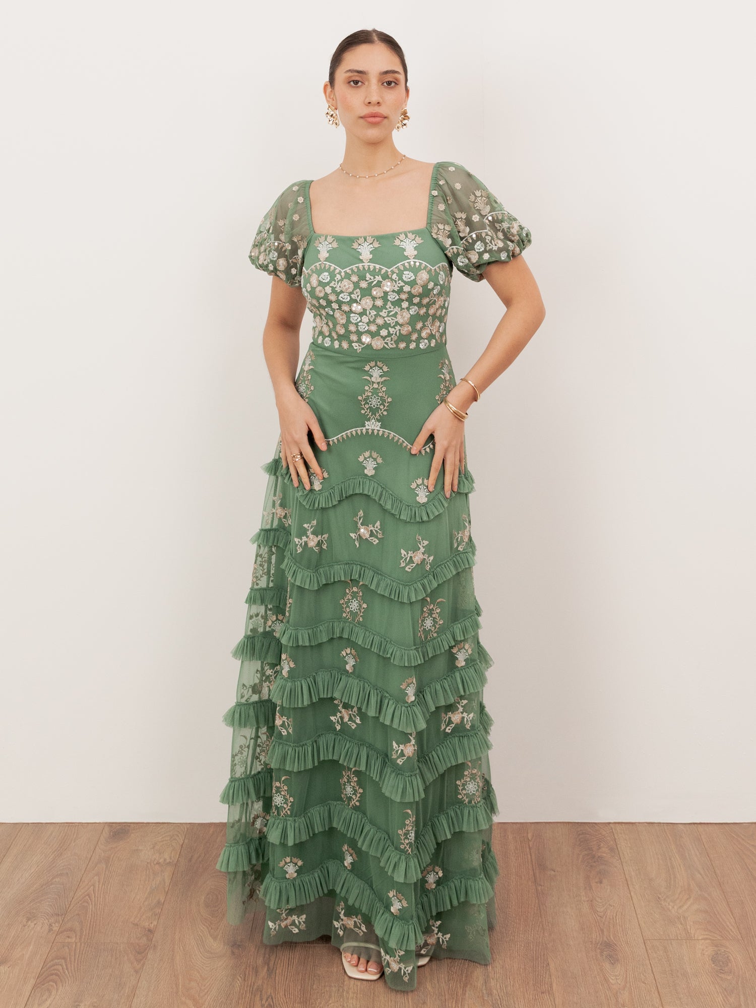 Maya Green Embroidered Square Neck Puff Sleeve Maxi Dress