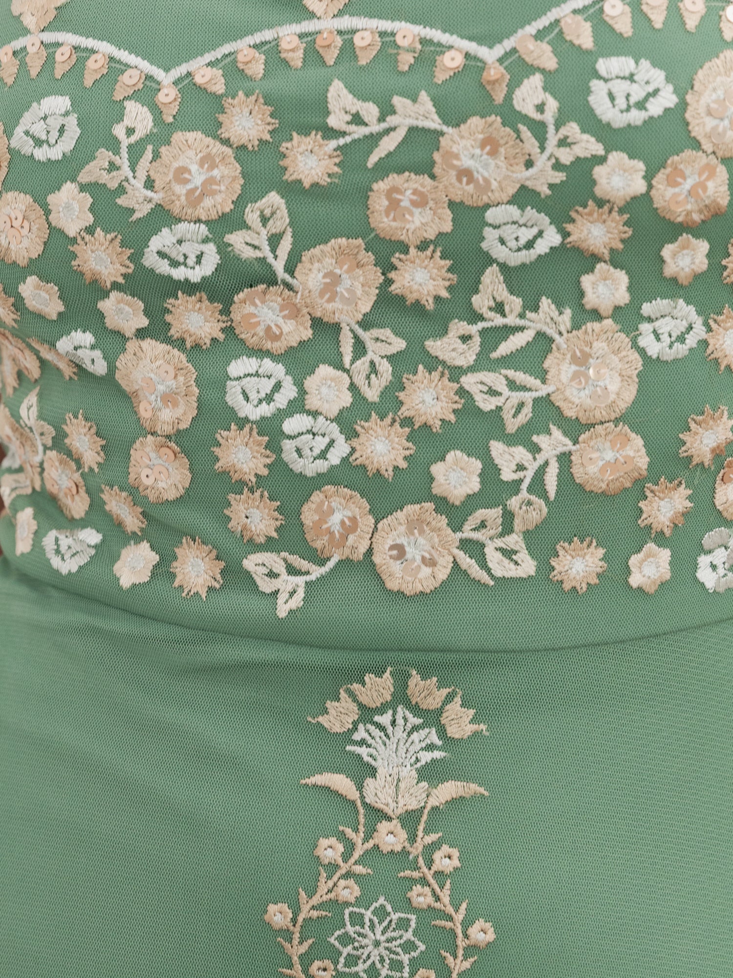 Maya Green Embroidered Square Neck Puff Sleeve Maxi Dress