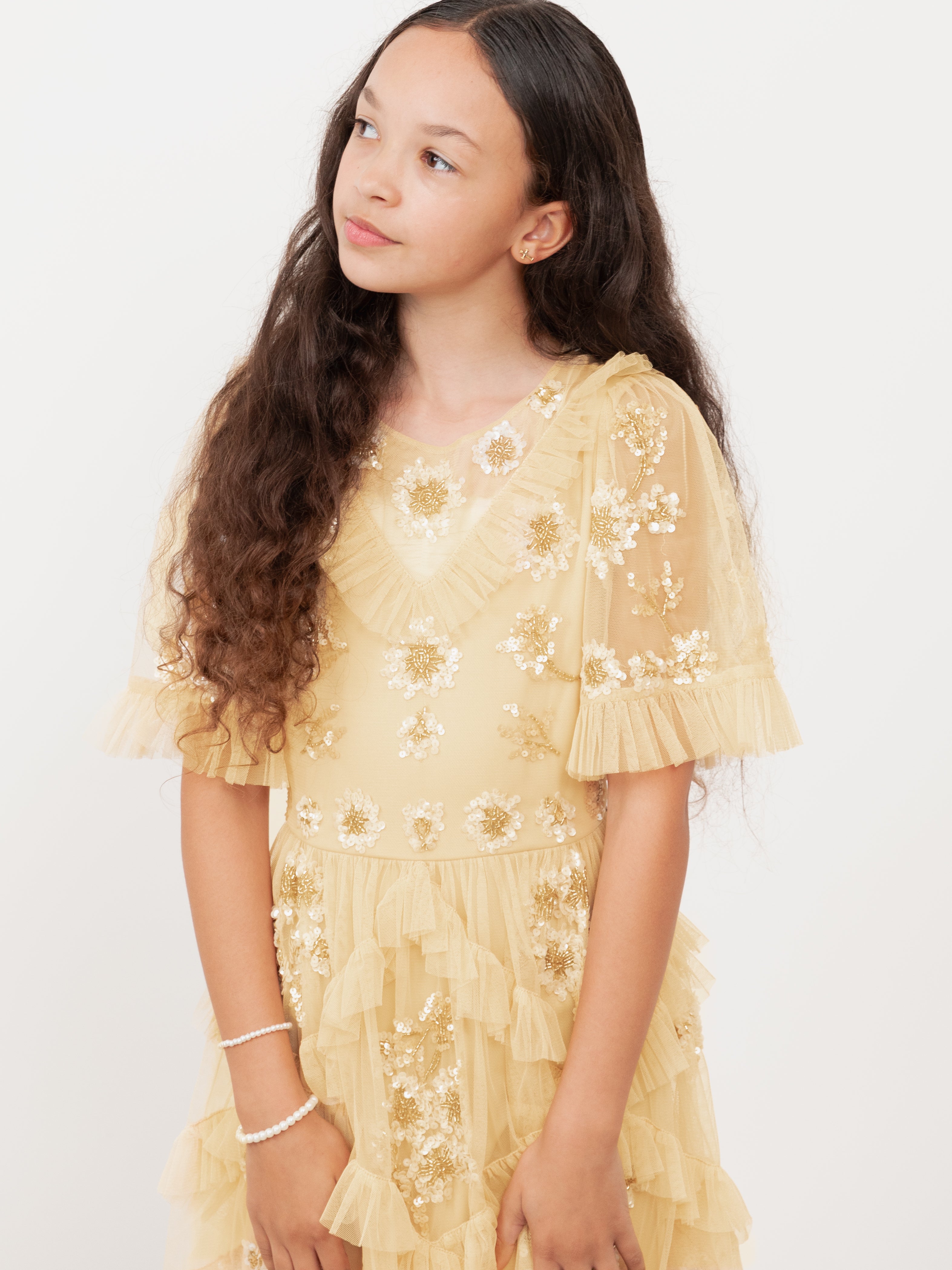 Mini Maya Buttercream Embellished Ruffle Midi Dress