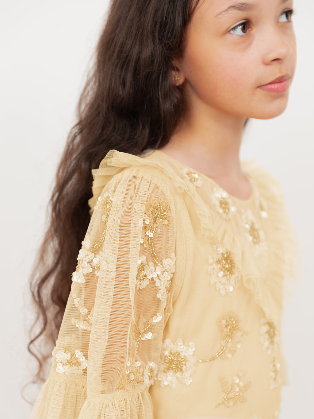 Mini Maya Buttercream Embellished Ruffle Midi Dress