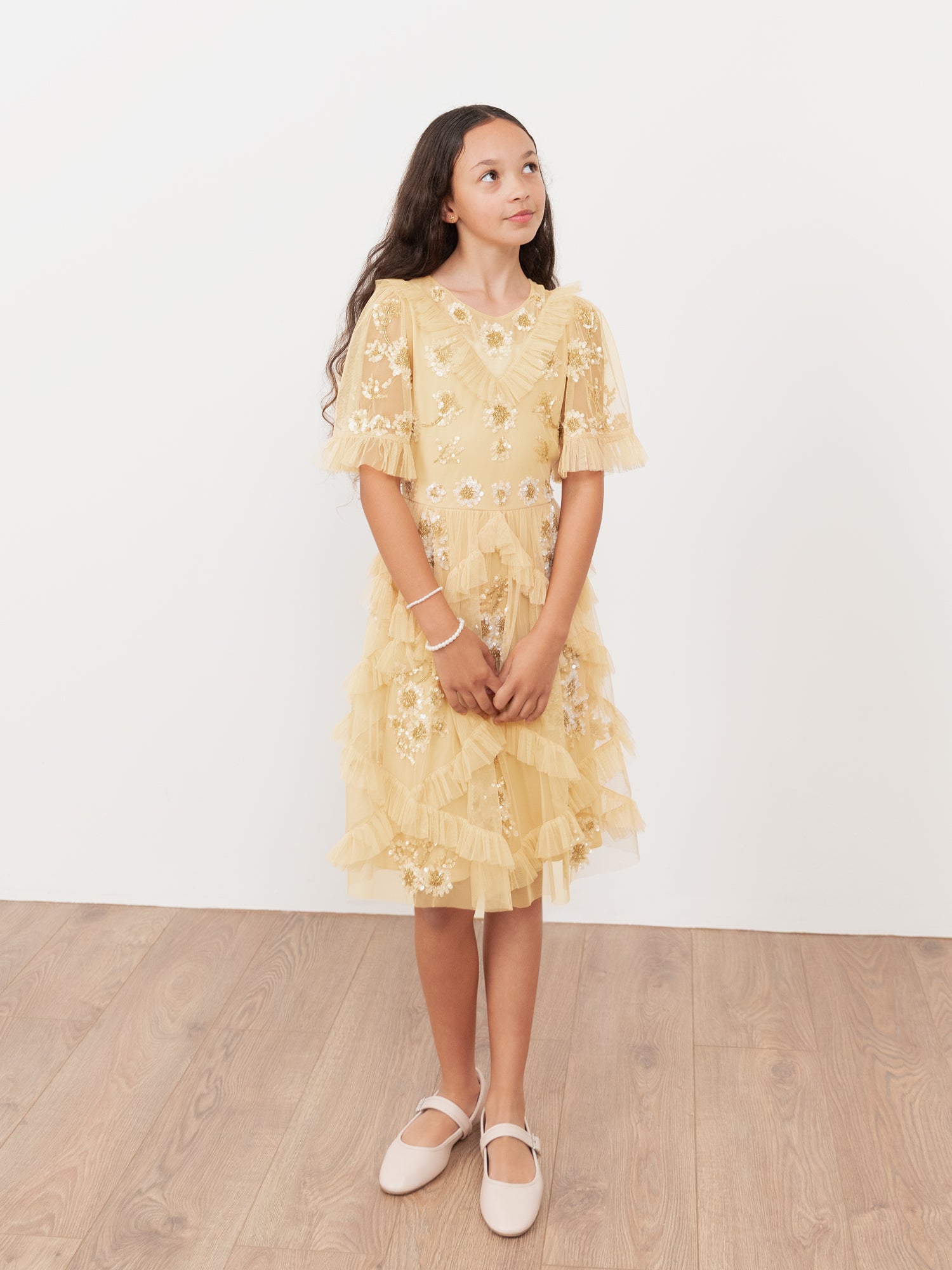 Mini Maya Buttercream Embellished Ruffle Midi Dress
