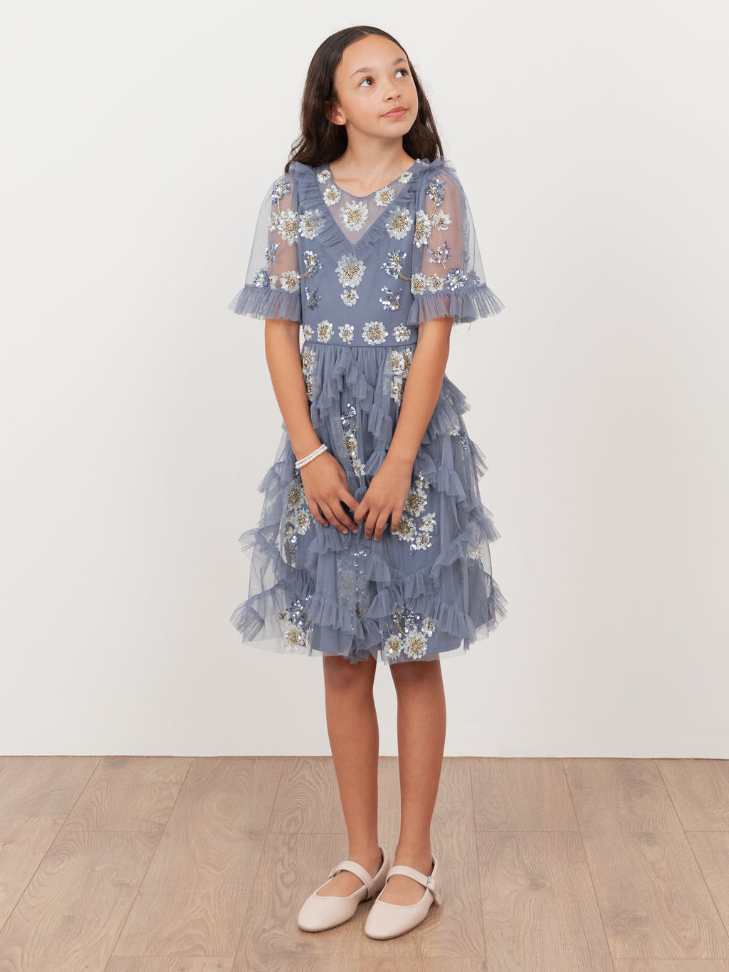Mini Maya Infinity Blue Embellished Ruffle Midi Dress
