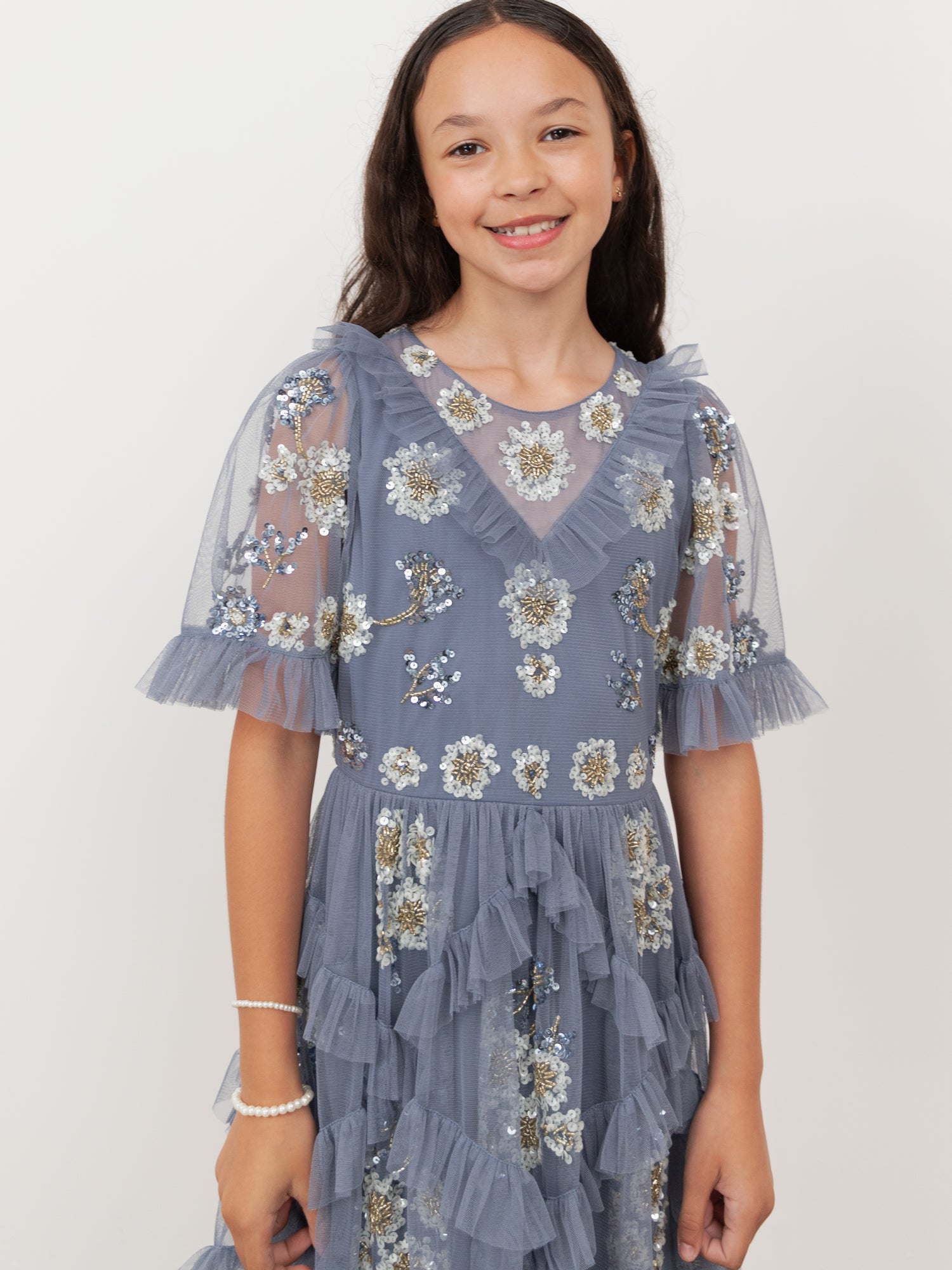 Mini Maya Infinity Blue Embellished Ruffle Midi Dress