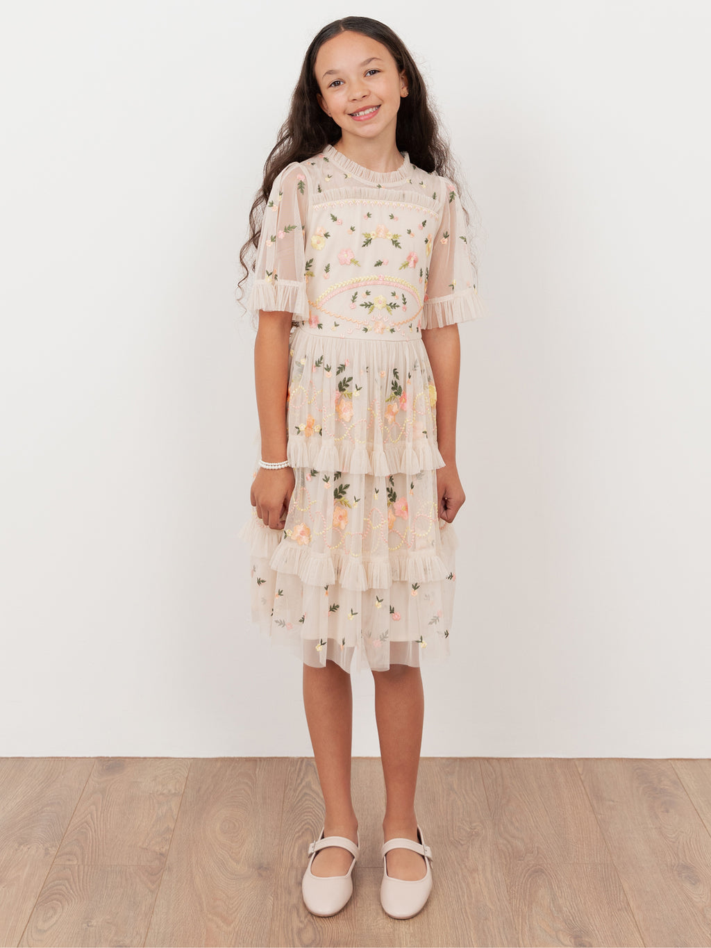 Mini Maya Buttercream Embroidered Short Sleeve High Neck Midi Dress