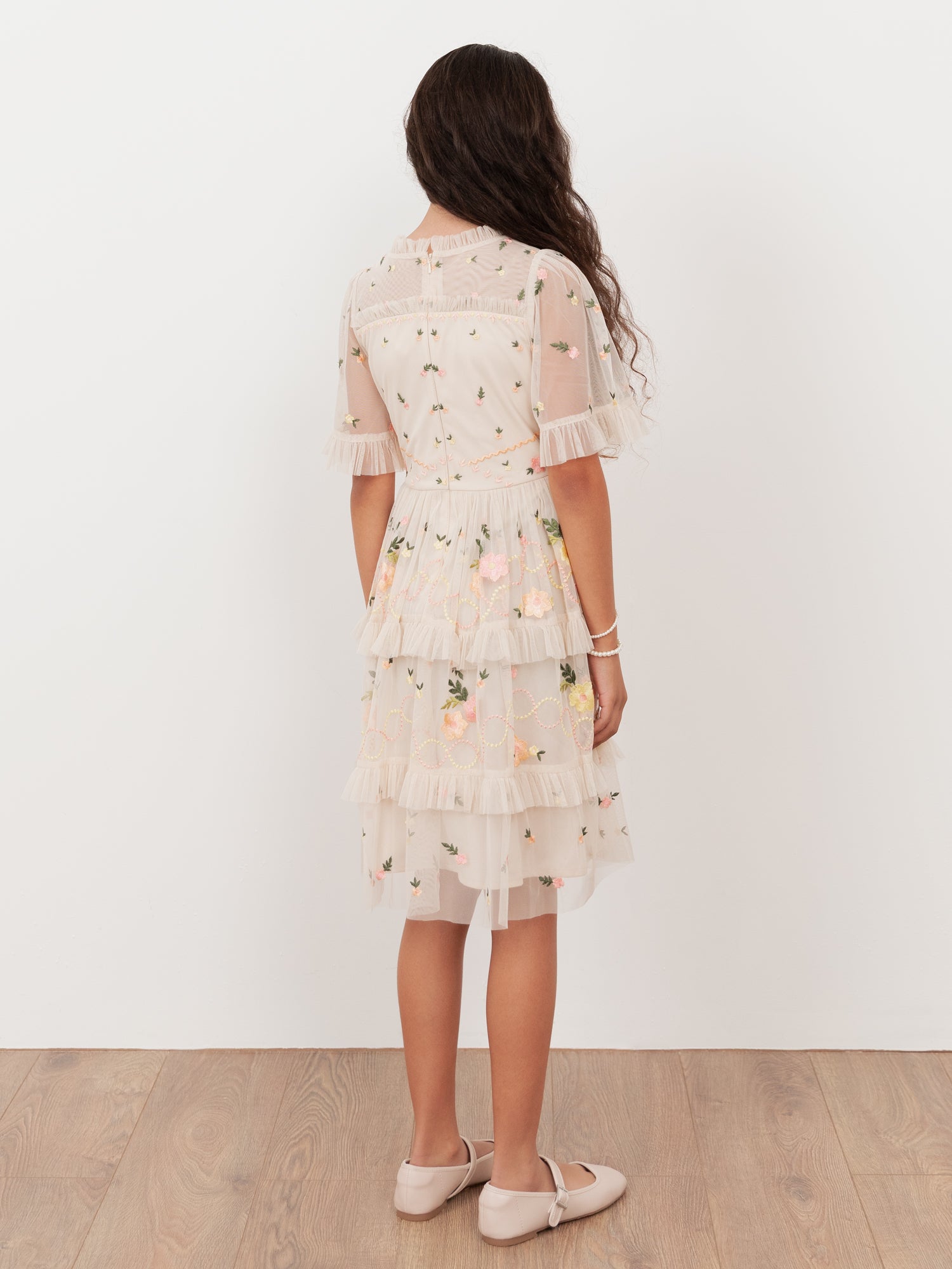 Mini Maya Buttercream Embroidered Short Sleeve High Neck Midi Dress