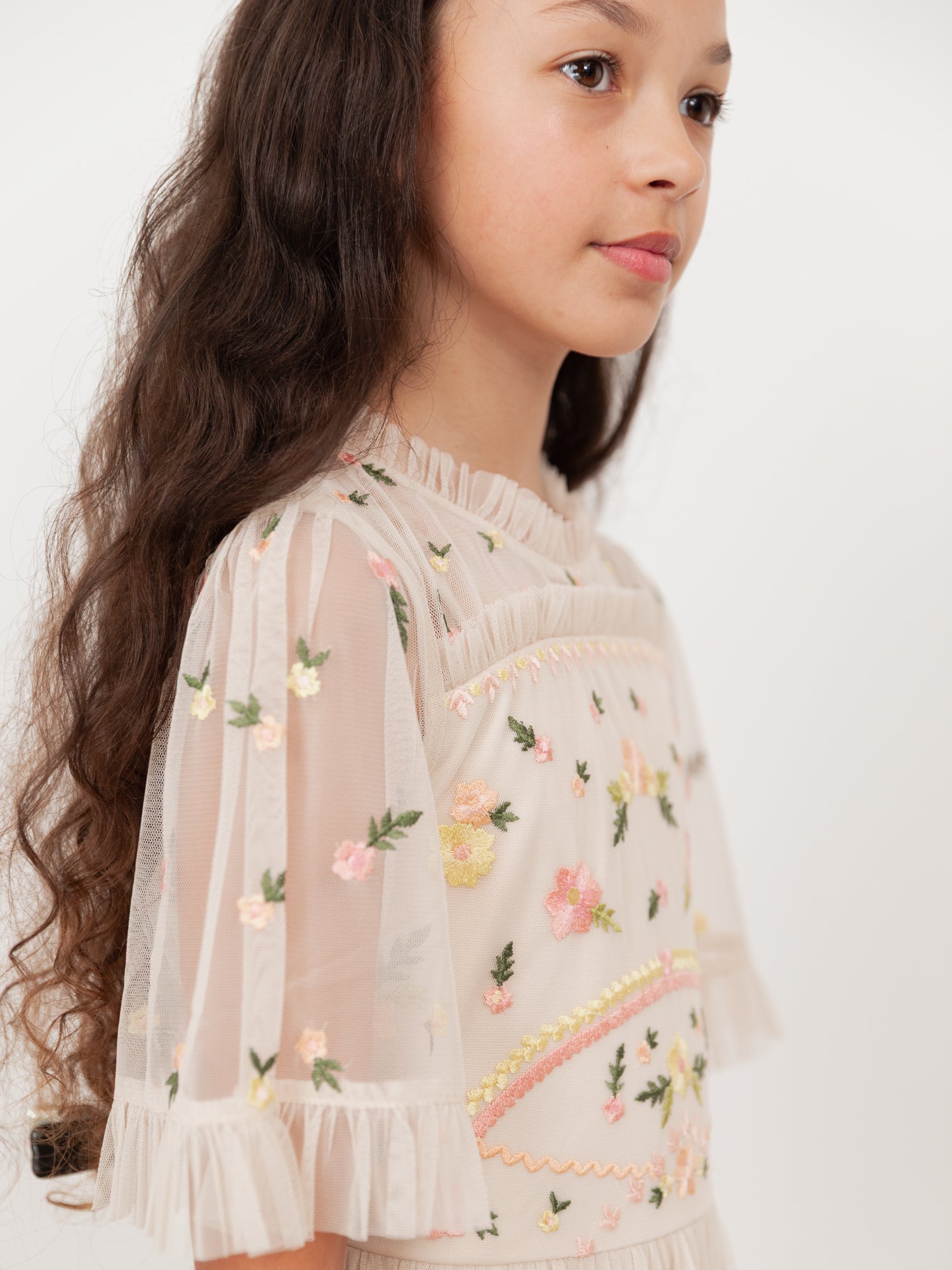 Mini Maya Buttercream Embroidered Short Sleeve High Neck Midi Dress