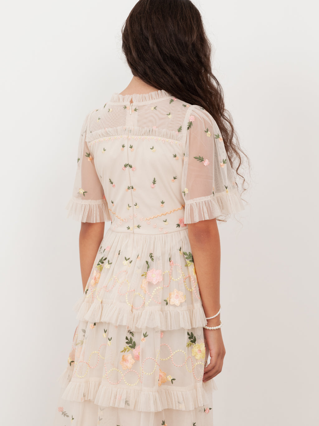 Mini Maya Buttercream Embroidered Short Sleeve High Neck Midi Dress
