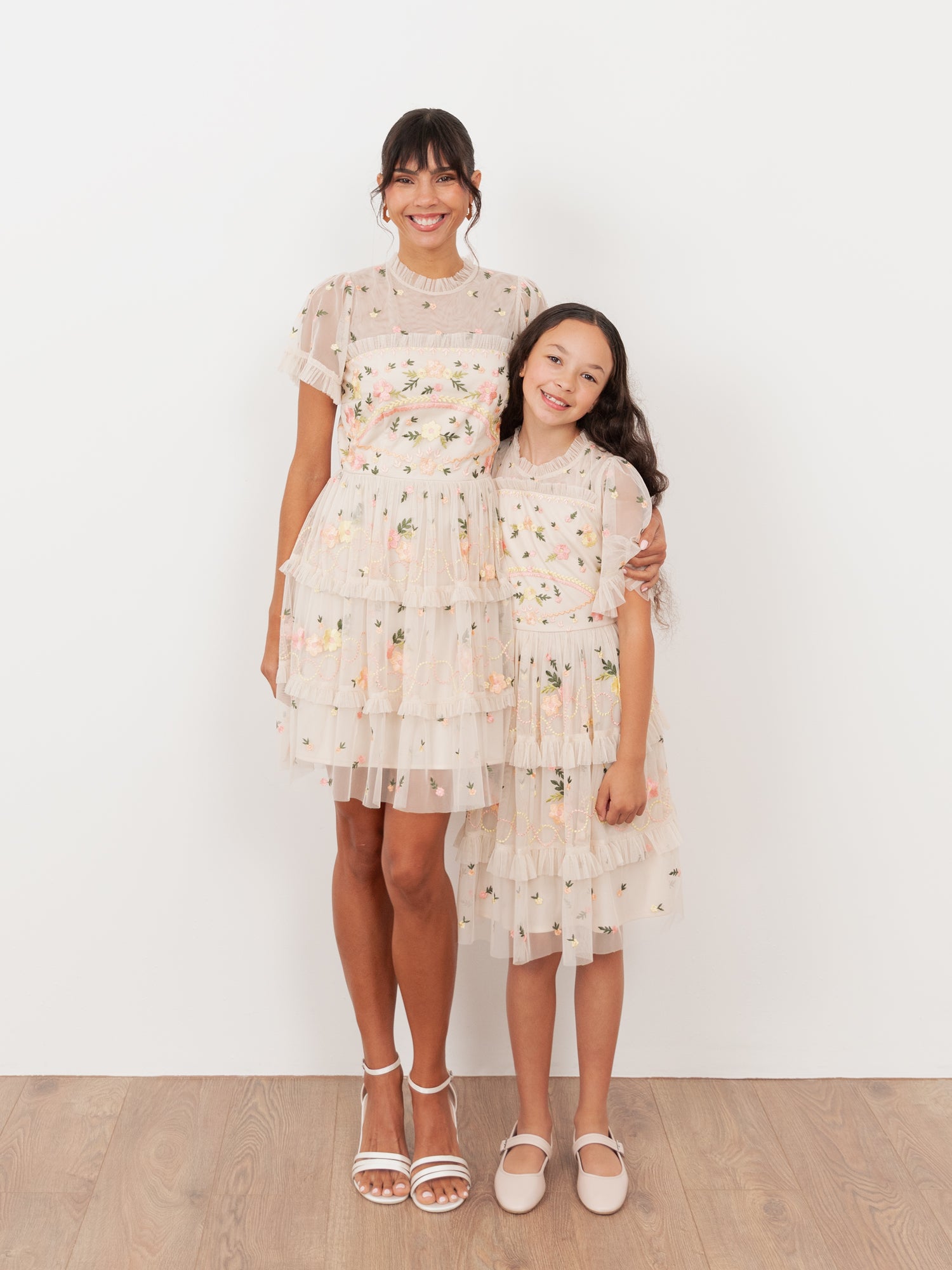 Mini Maya Buttercream Embroidered Short Sleeve High Neck Midi Dress