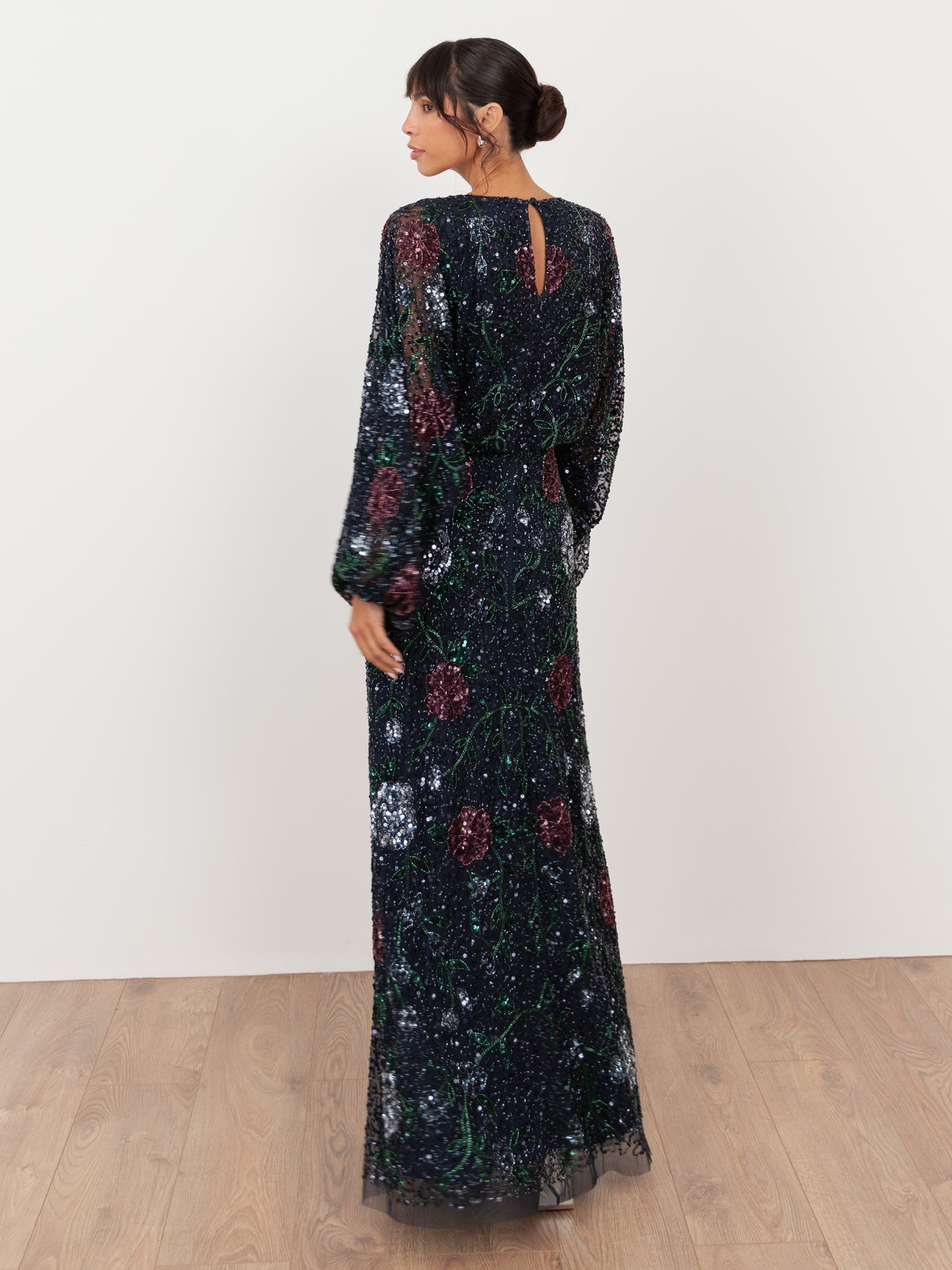 Maya Navy Fully Embellished Round Neck Maxi Blouson Sleeve Maxi Dress