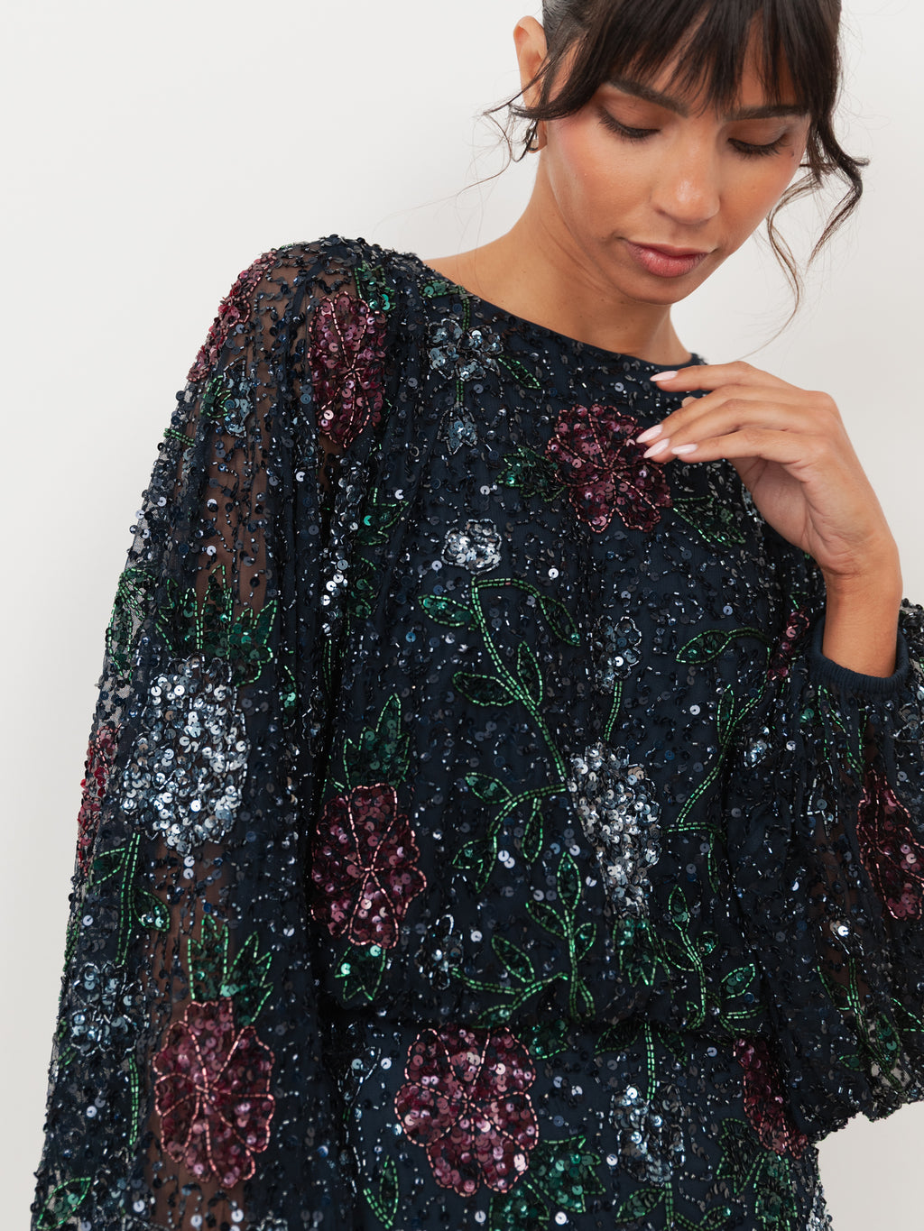 Maya Navy Fully Embellished Round Neck Maxi Blouson Sleeve Maxi Dress