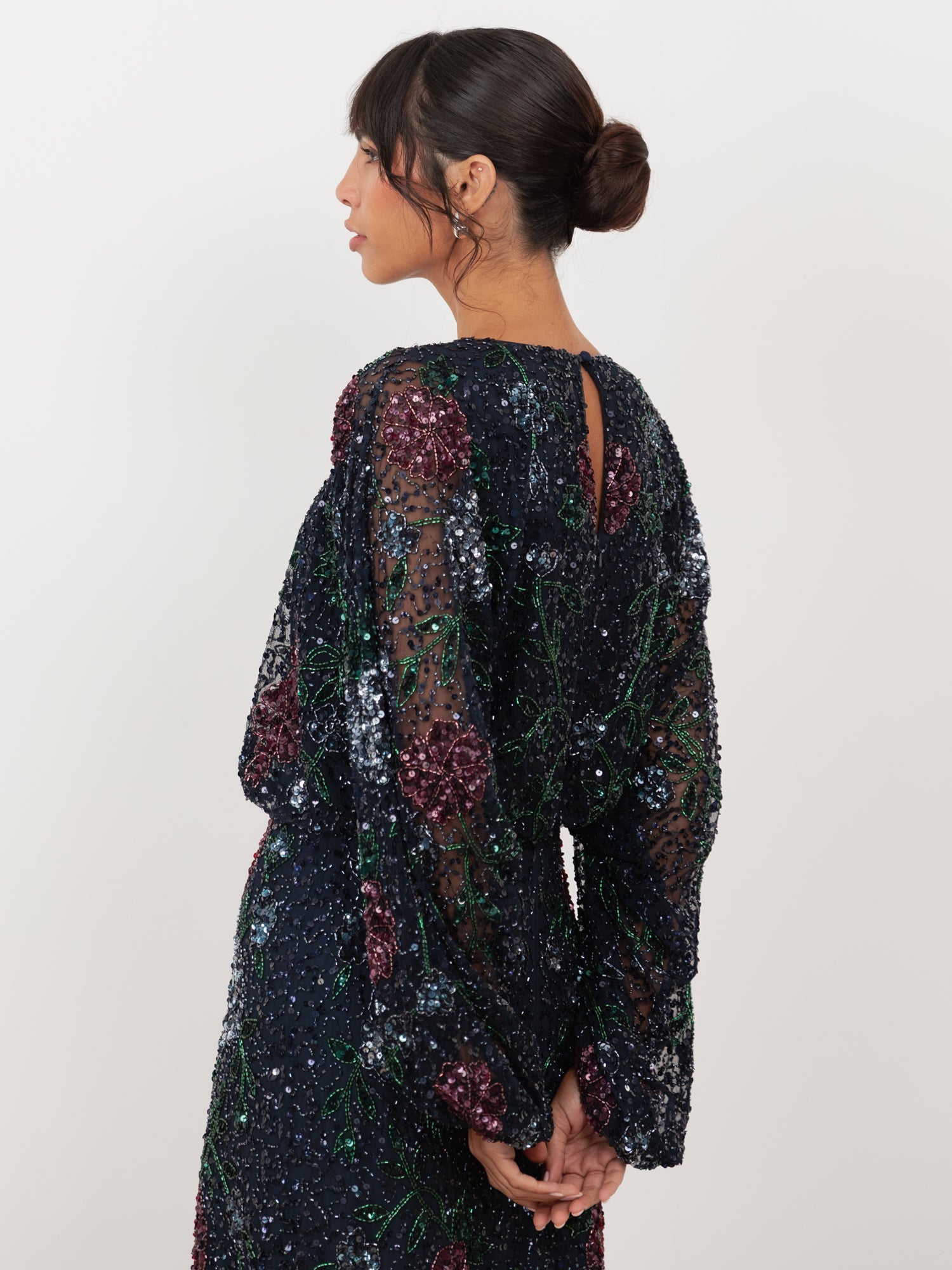 Maya Navy Fully Embellished Round Neck Maxi Blouson Sleeve Maxi Dress