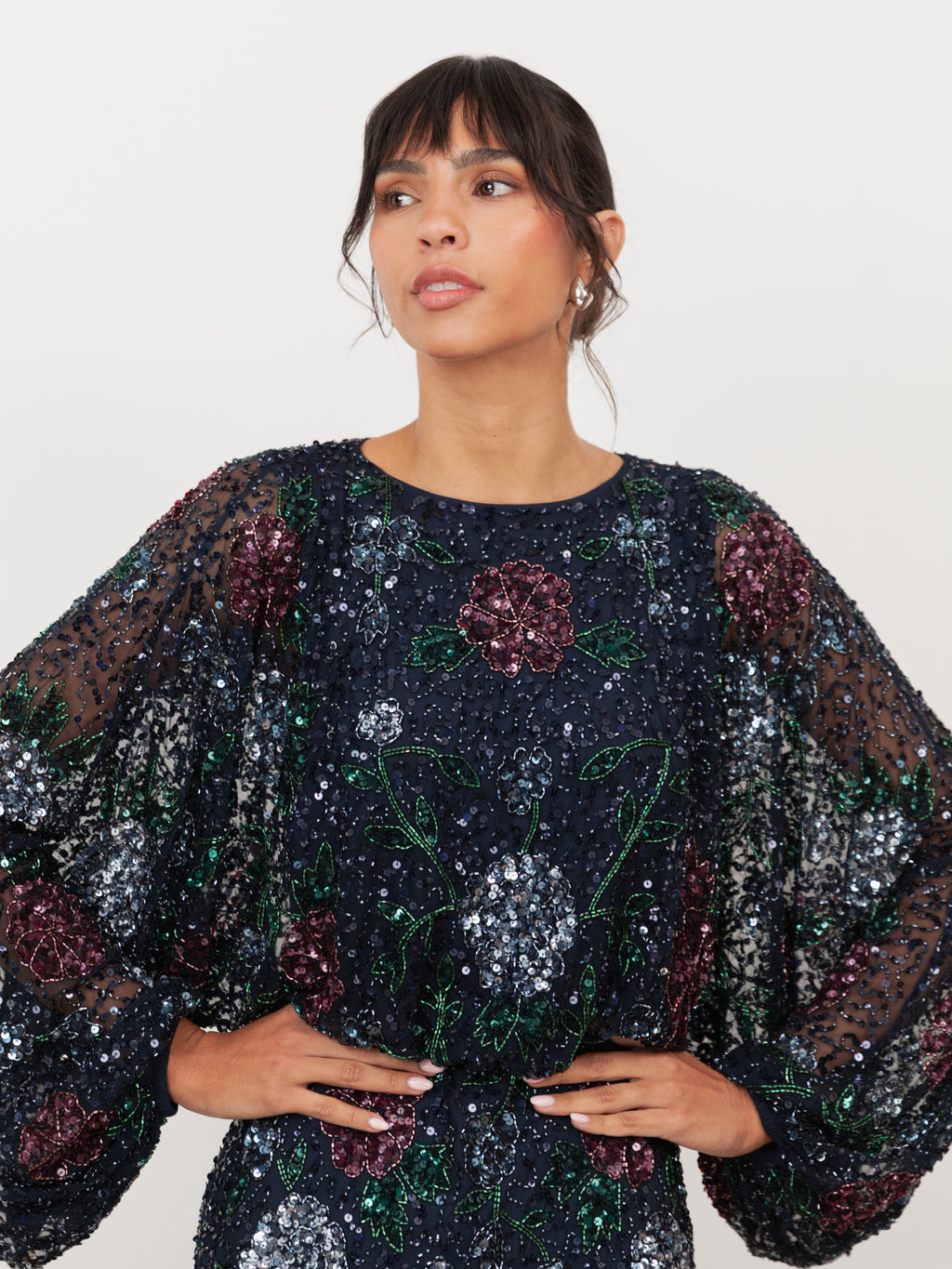 Maya Navy Fully Embellished Round Neck Maxi Blouson Sleeve Maxi Dress