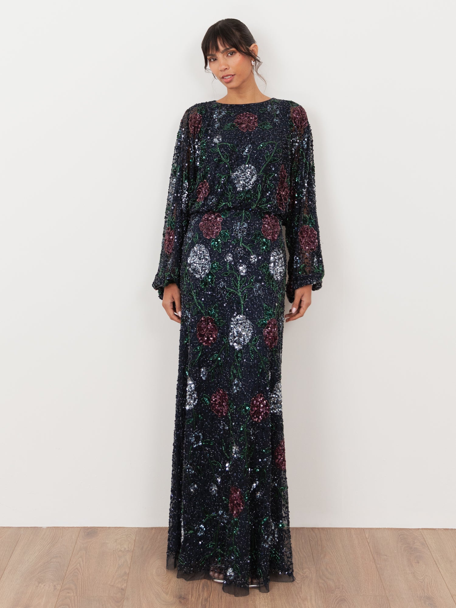 Maya Navy Fully Embellished Round Neck Maxi Blouson Sleeve Maxi Dress