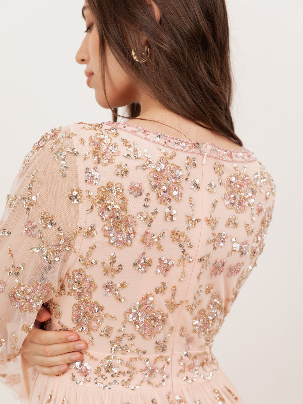 Maya Peach Fully Embellished Flared Maxi Sleeve Maxi Dress