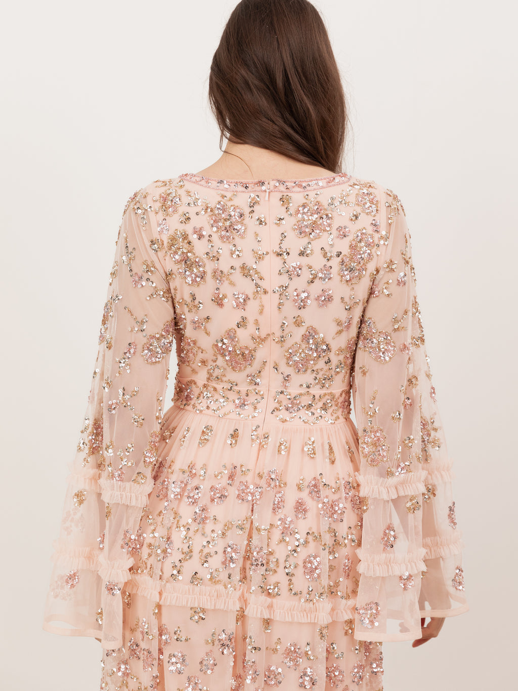 Maya Peach Fully Embellished Flared Maxi Sleeve Maxi Dress