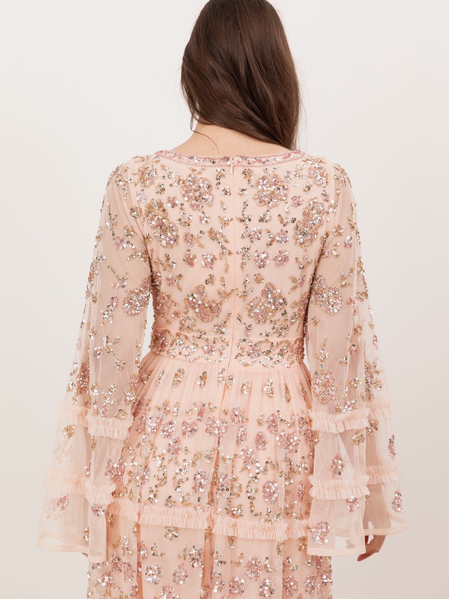Maya Peach Fully Embellished Flared Maxi Sleeve Maxi Dress