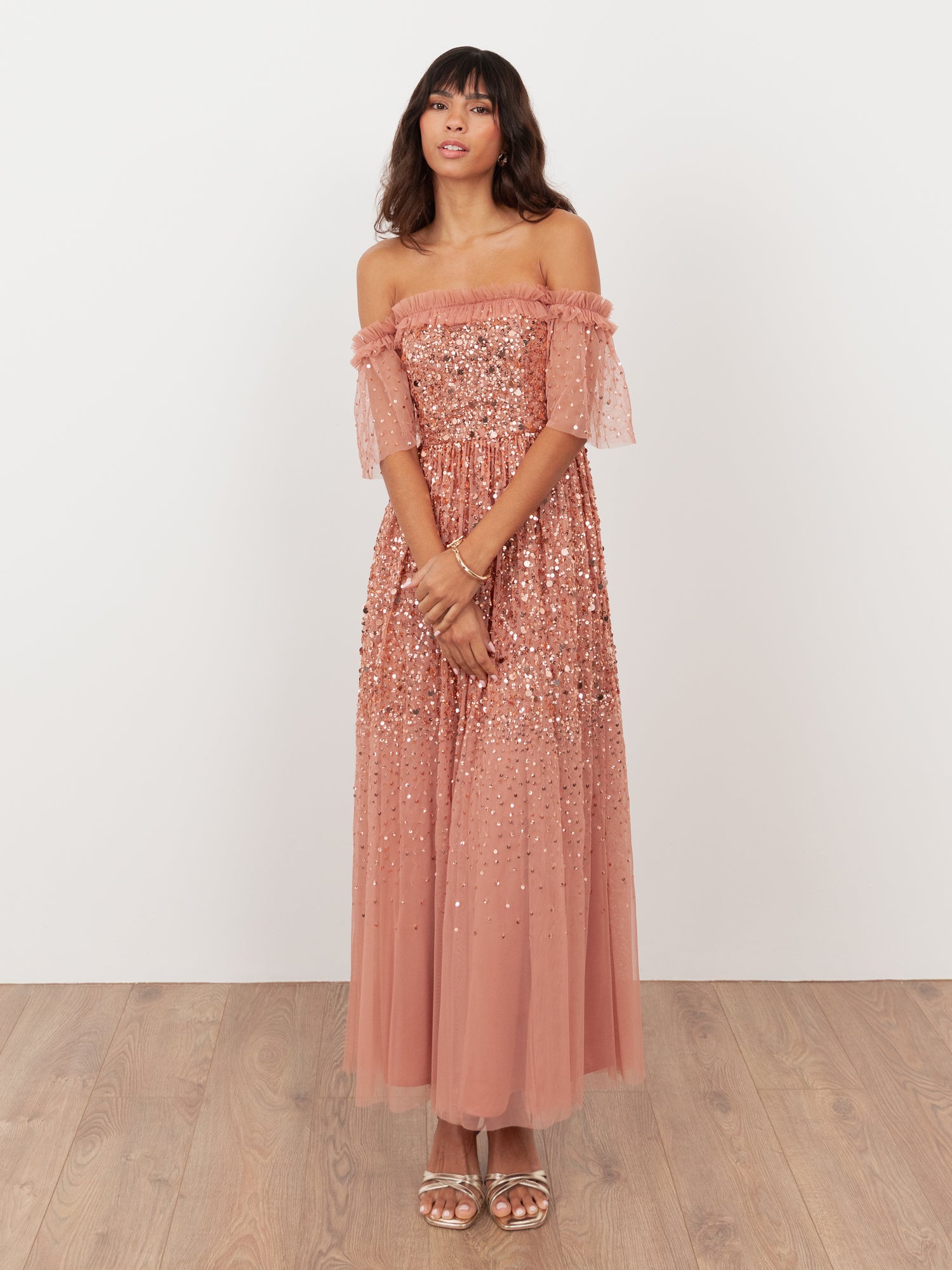 Maya Terracotta Pink Embellished Bardot Midaxi Dress